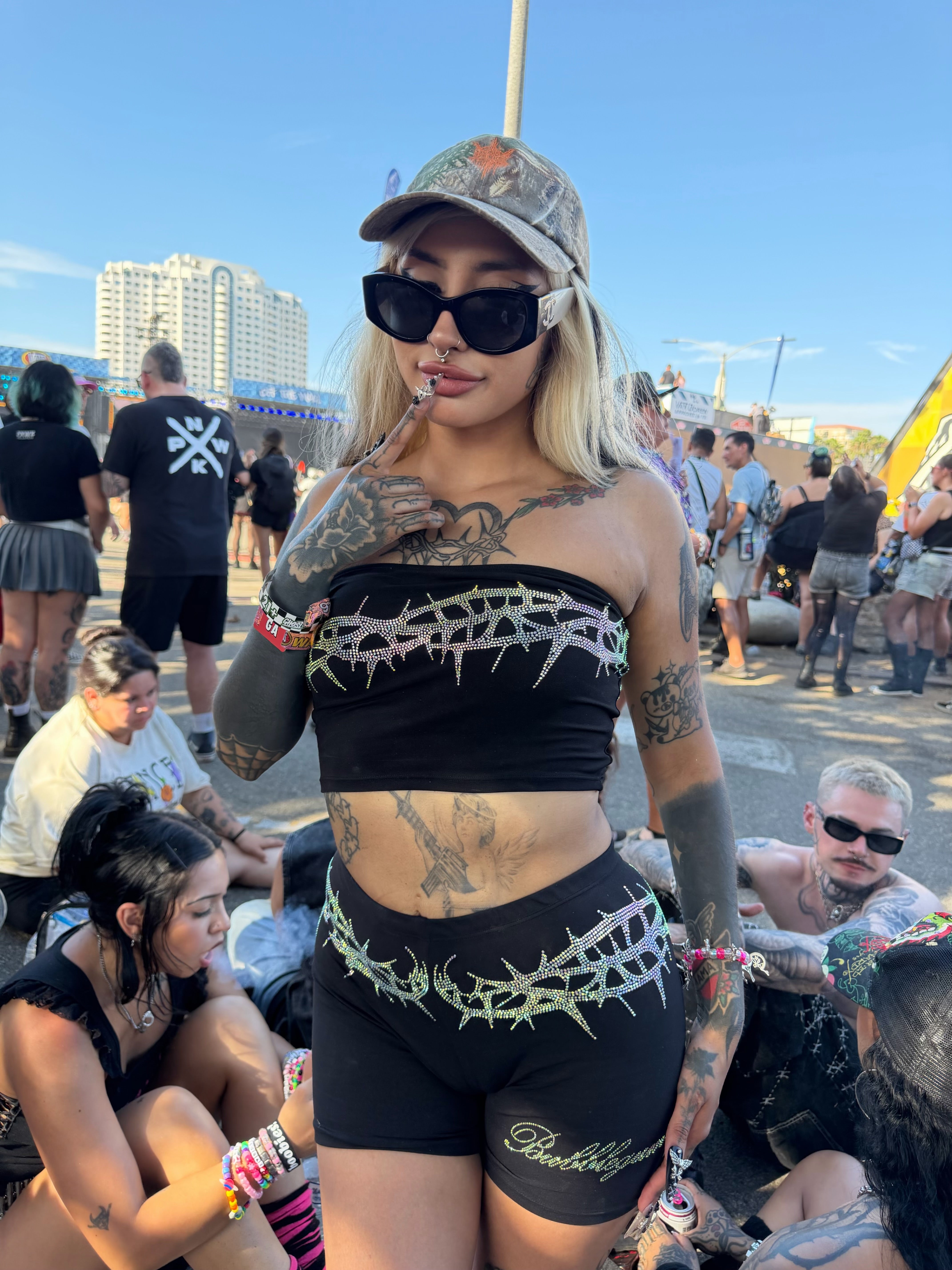 Crown of thorns rhinestone biker shorts streetwear