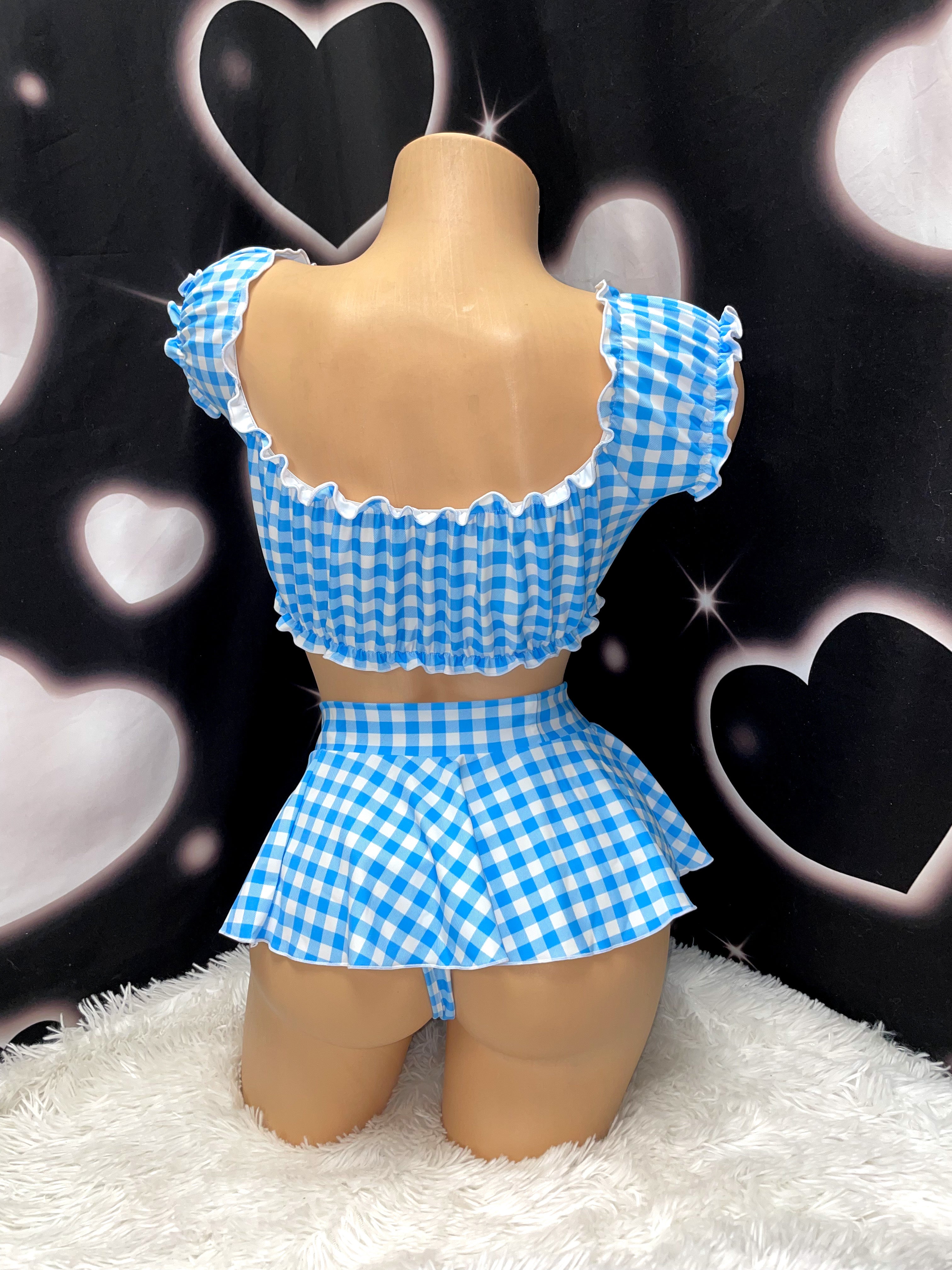 blue gingham ruffle skirt set