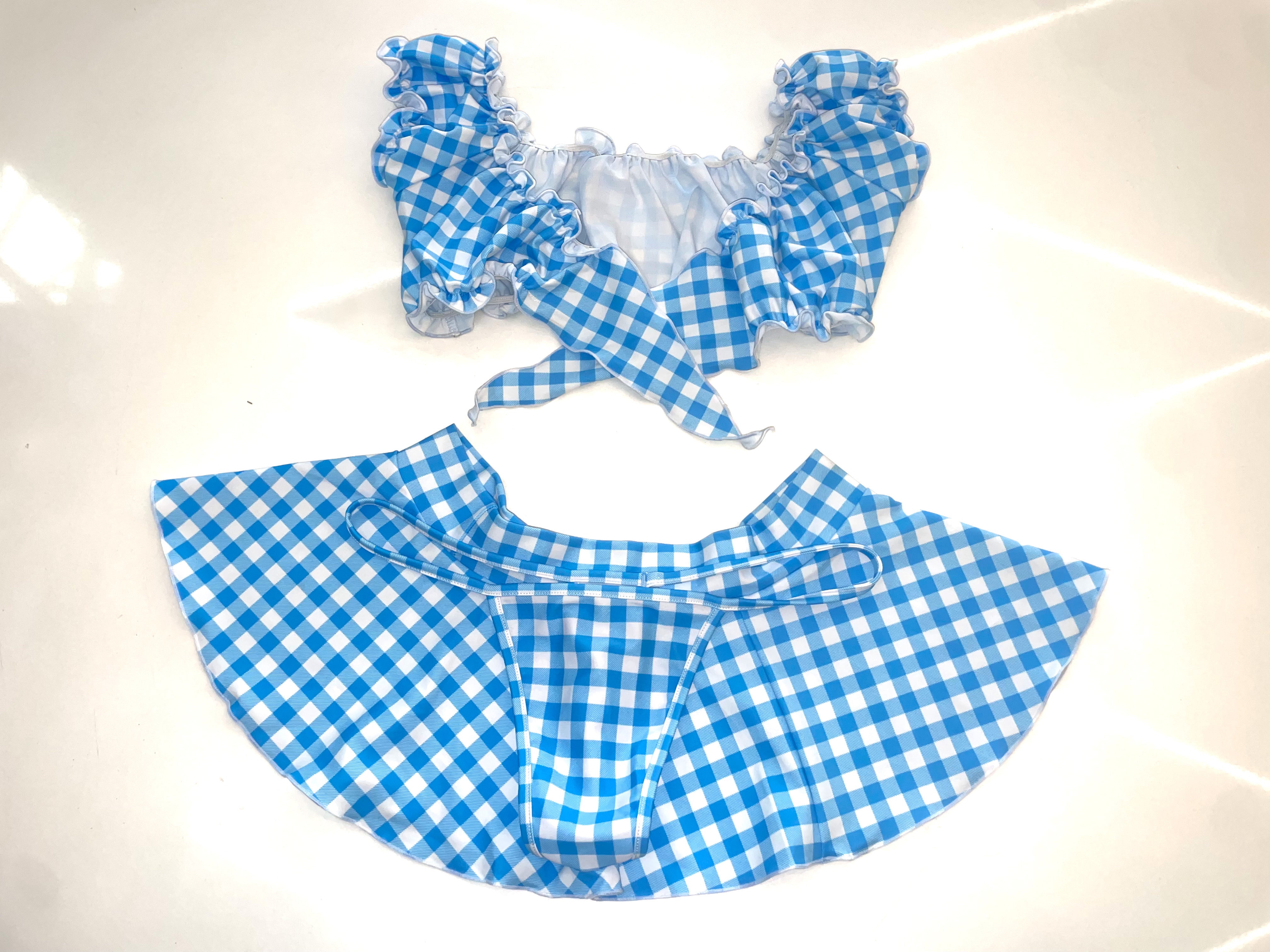 blue gingham ruffle skirt set