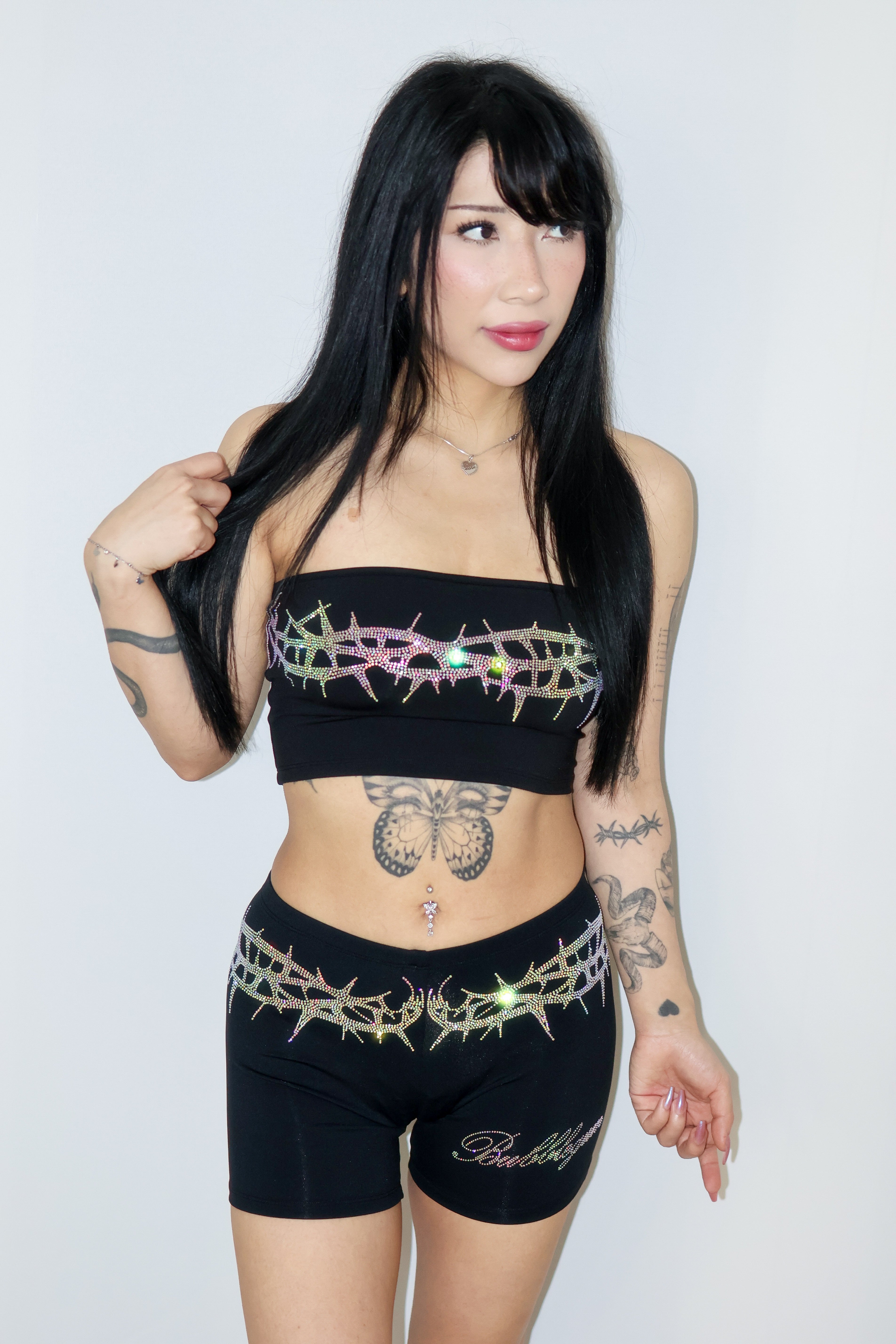 Crown of thorns rhinestone biker shorts streetwear