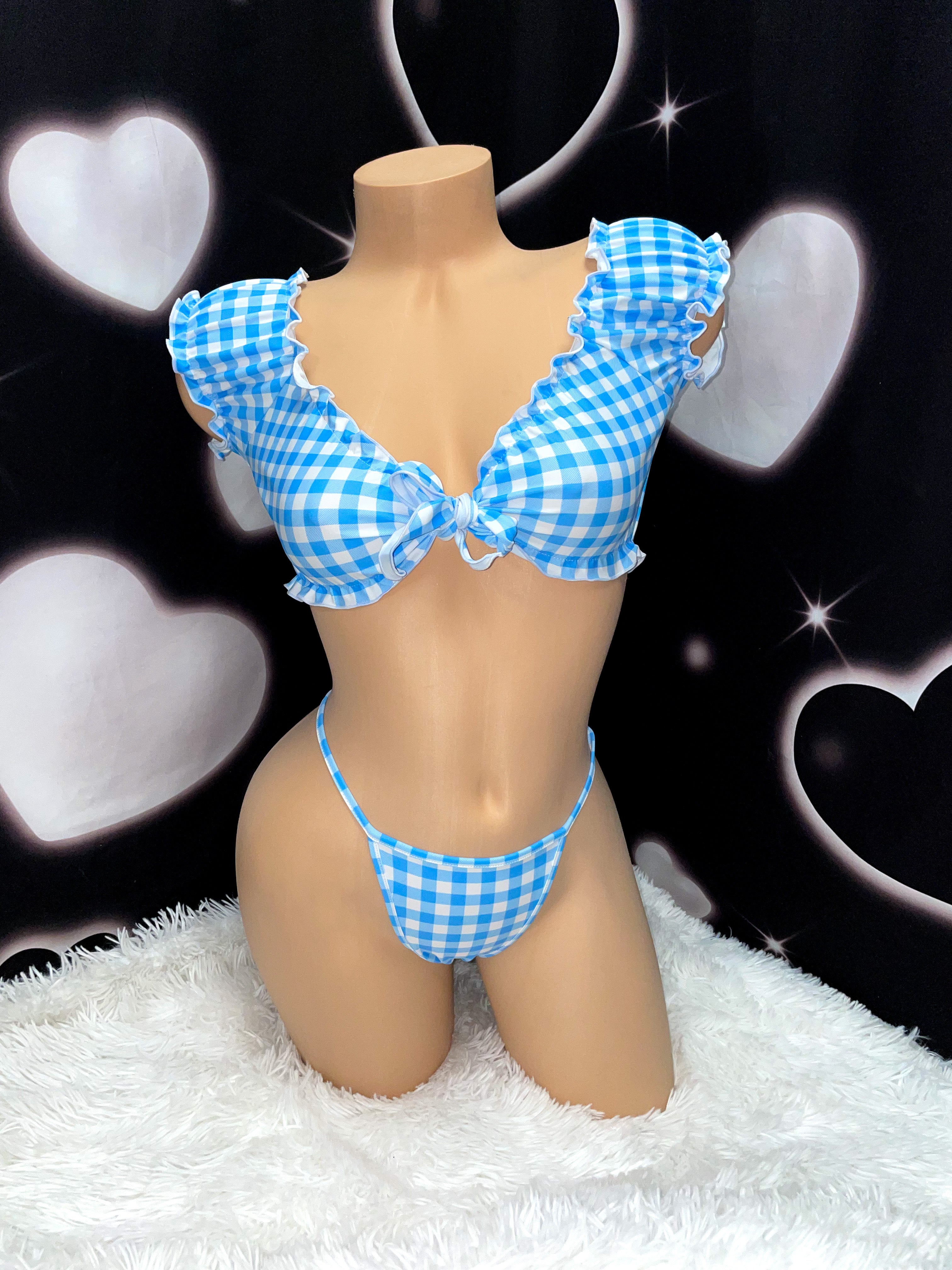 blue gingham ruffle skirt set