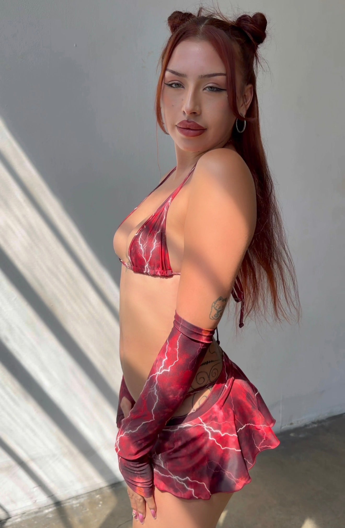 Red dusk skirt sleeves bikini set