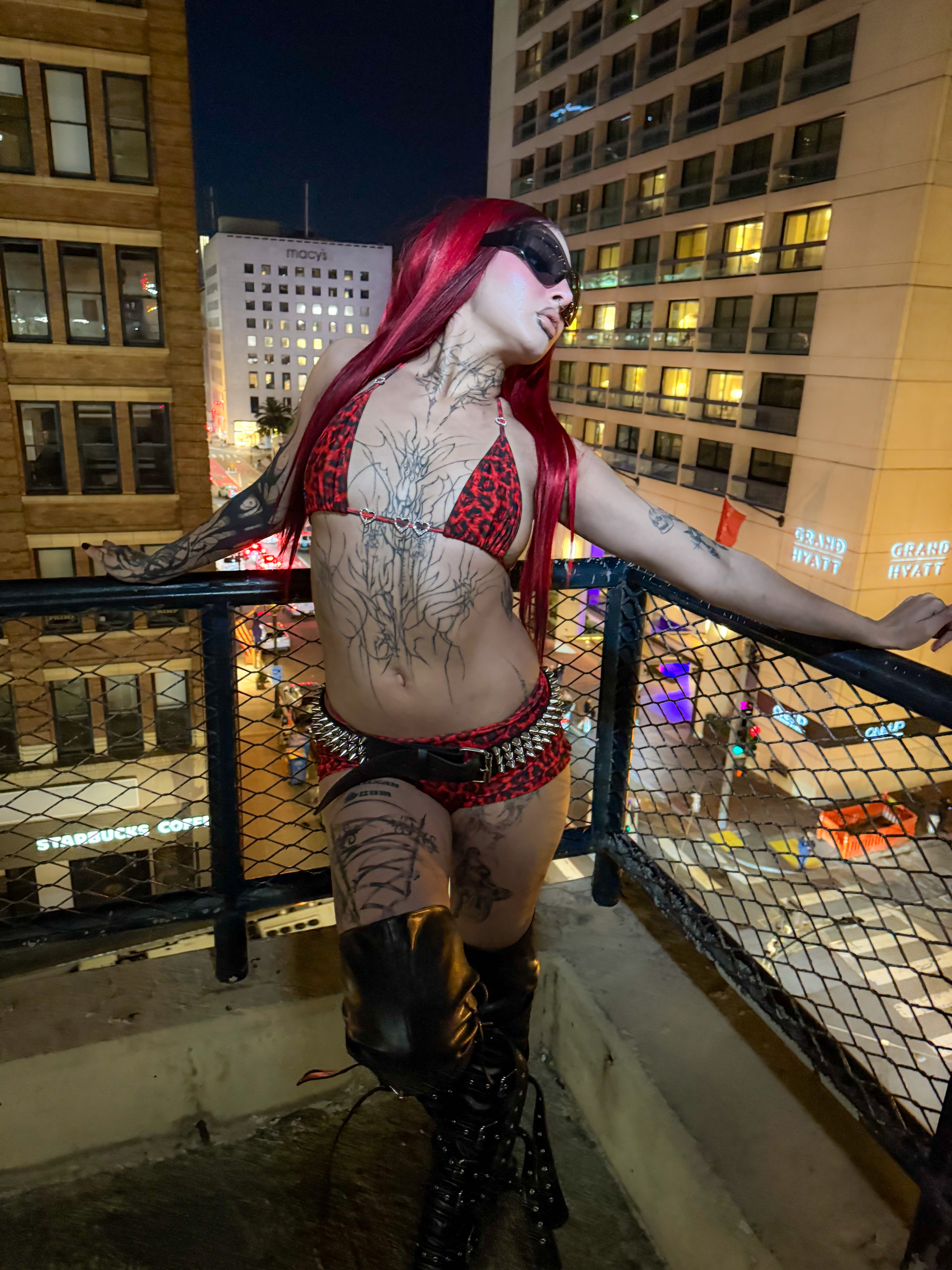 Red leopard low rise shorts bikini set rhinestone hearts