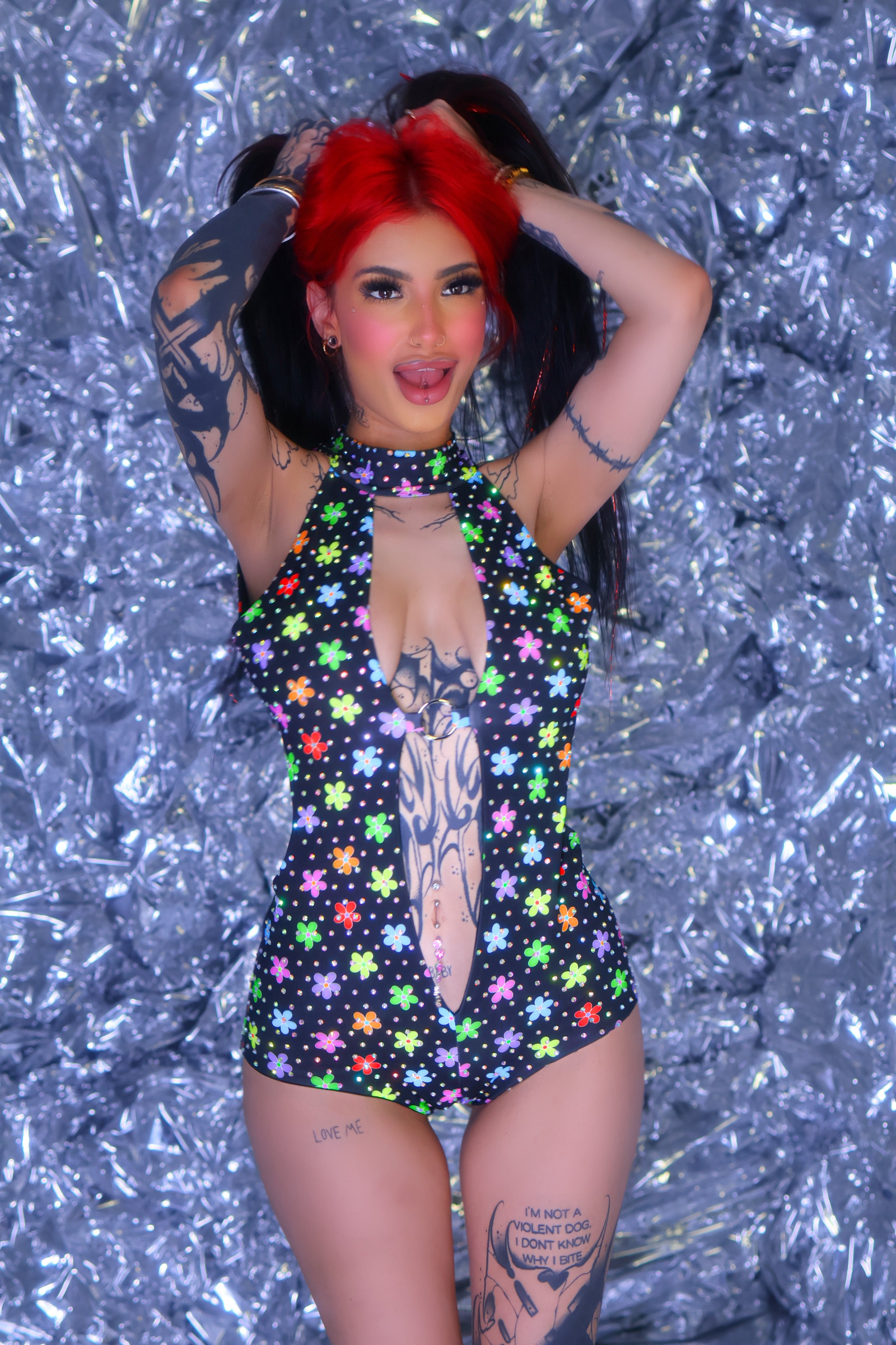 Daisy iced out rhinestone romper one piece