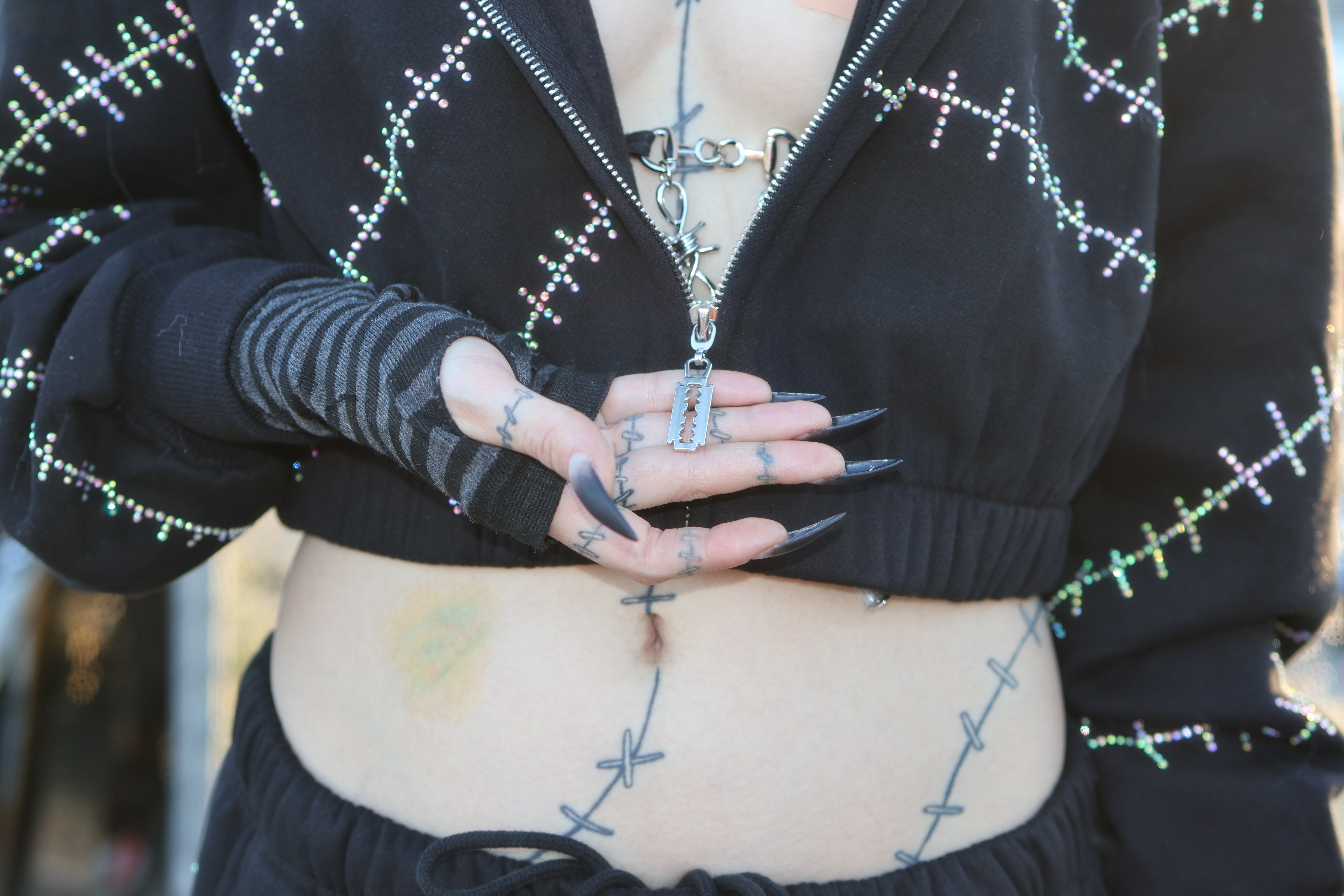 Rhinestone stitches bunny ears crop hoodie