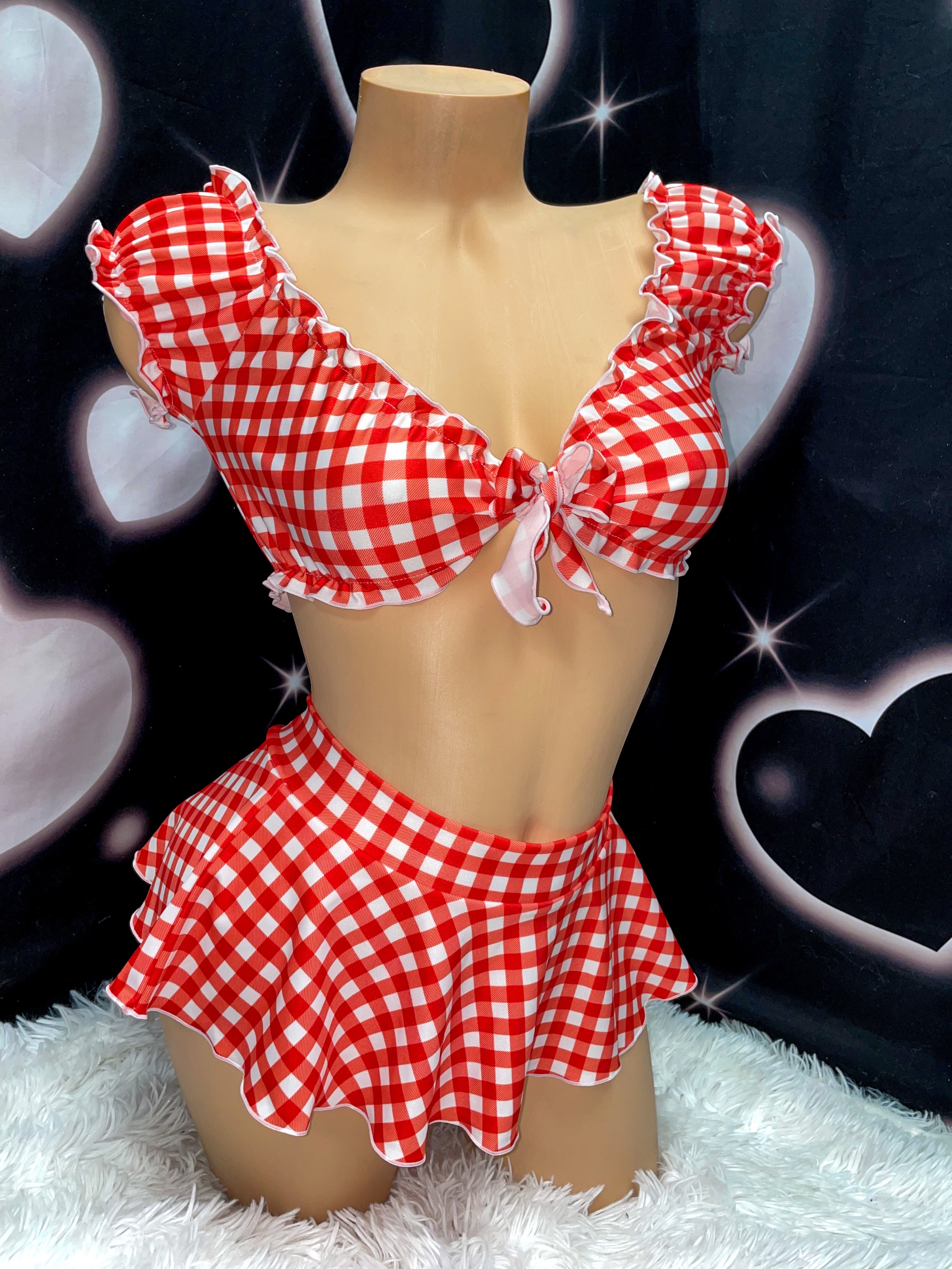 Red gingham ruffle skirt set