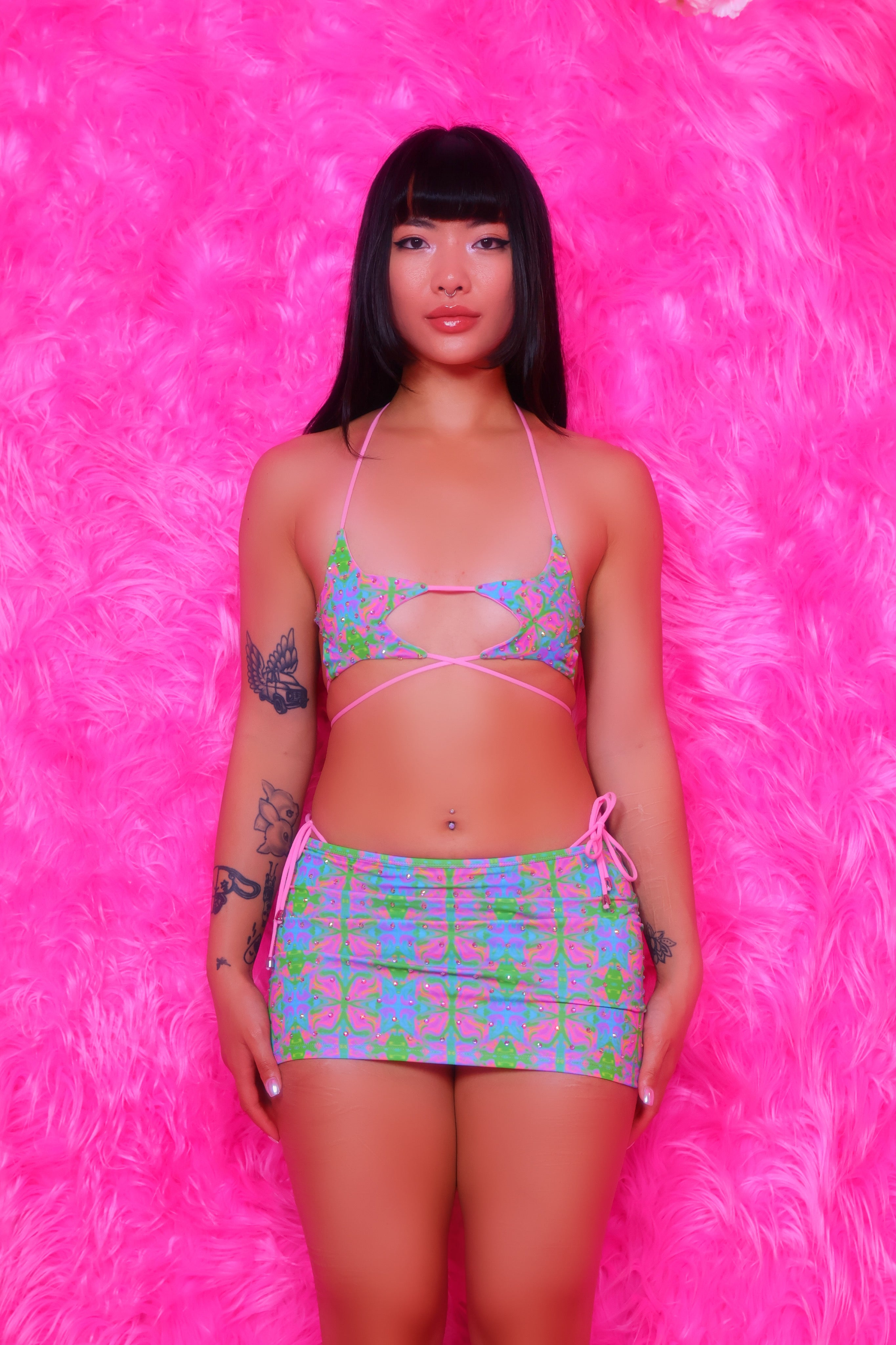 Are you peaking? Rhinestone miniskirt star bikini set