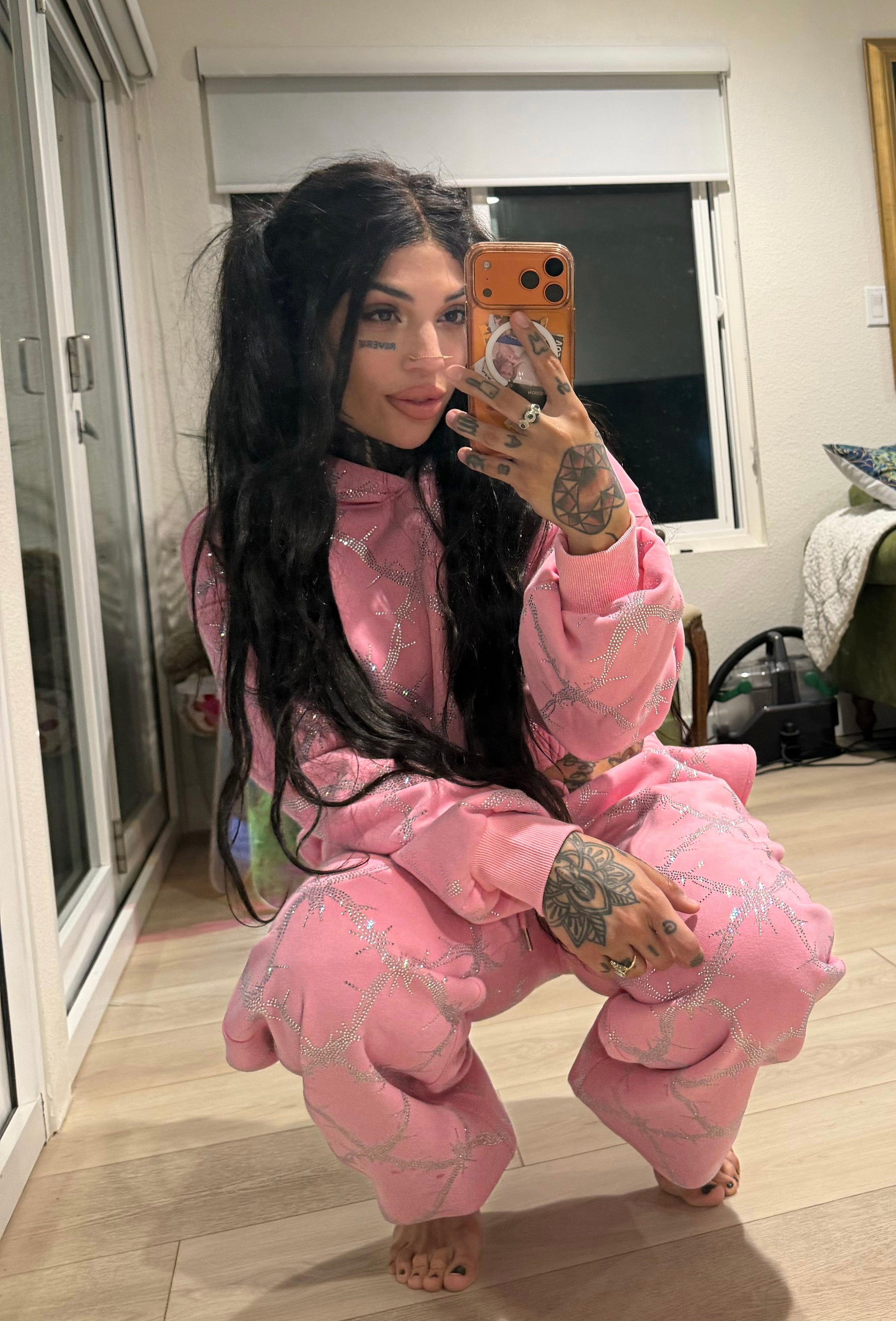 Baby pink barbed wire fence rhinestone sweatpants