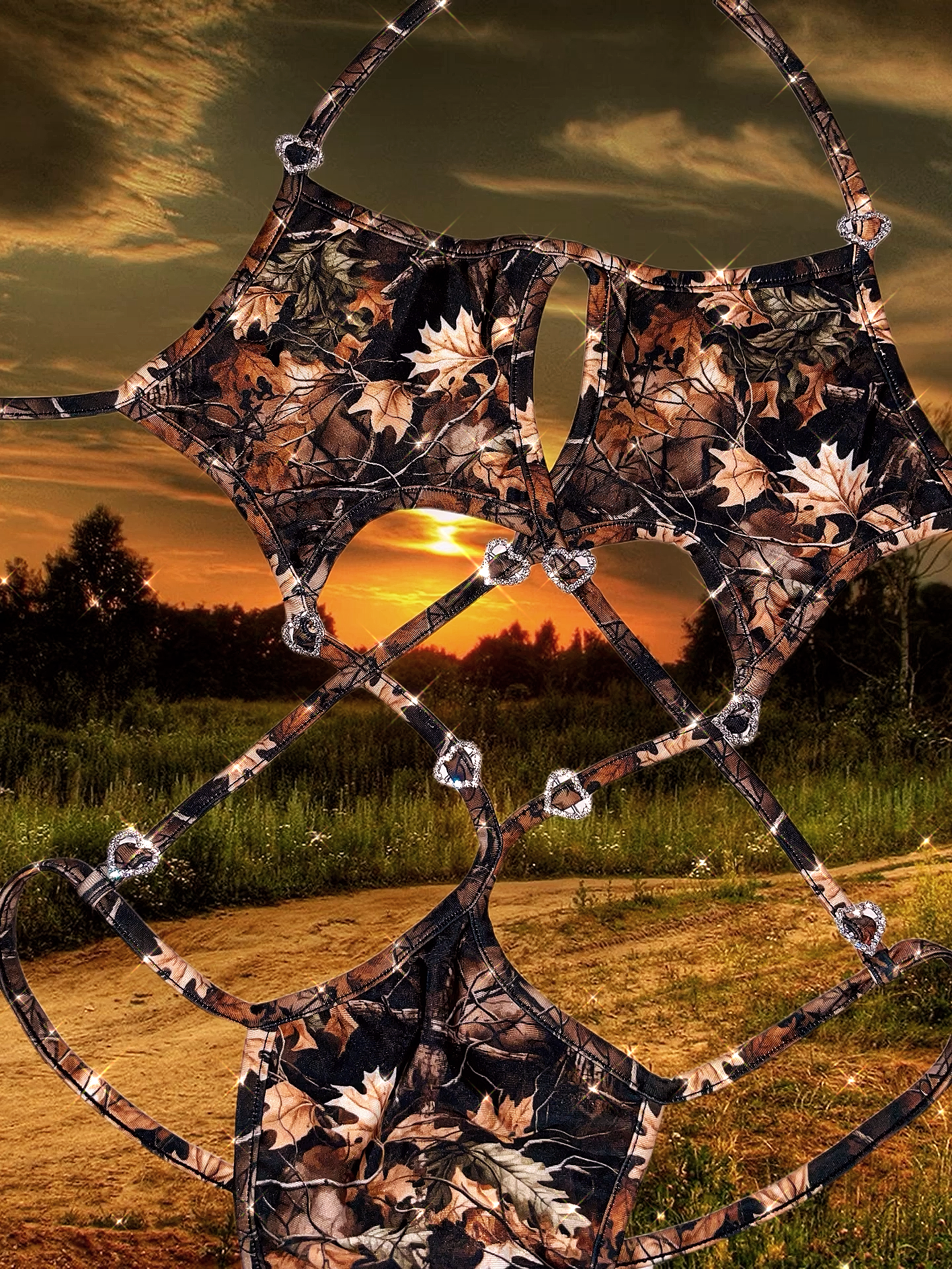 Tree Camo rhinestone hearts star one piece