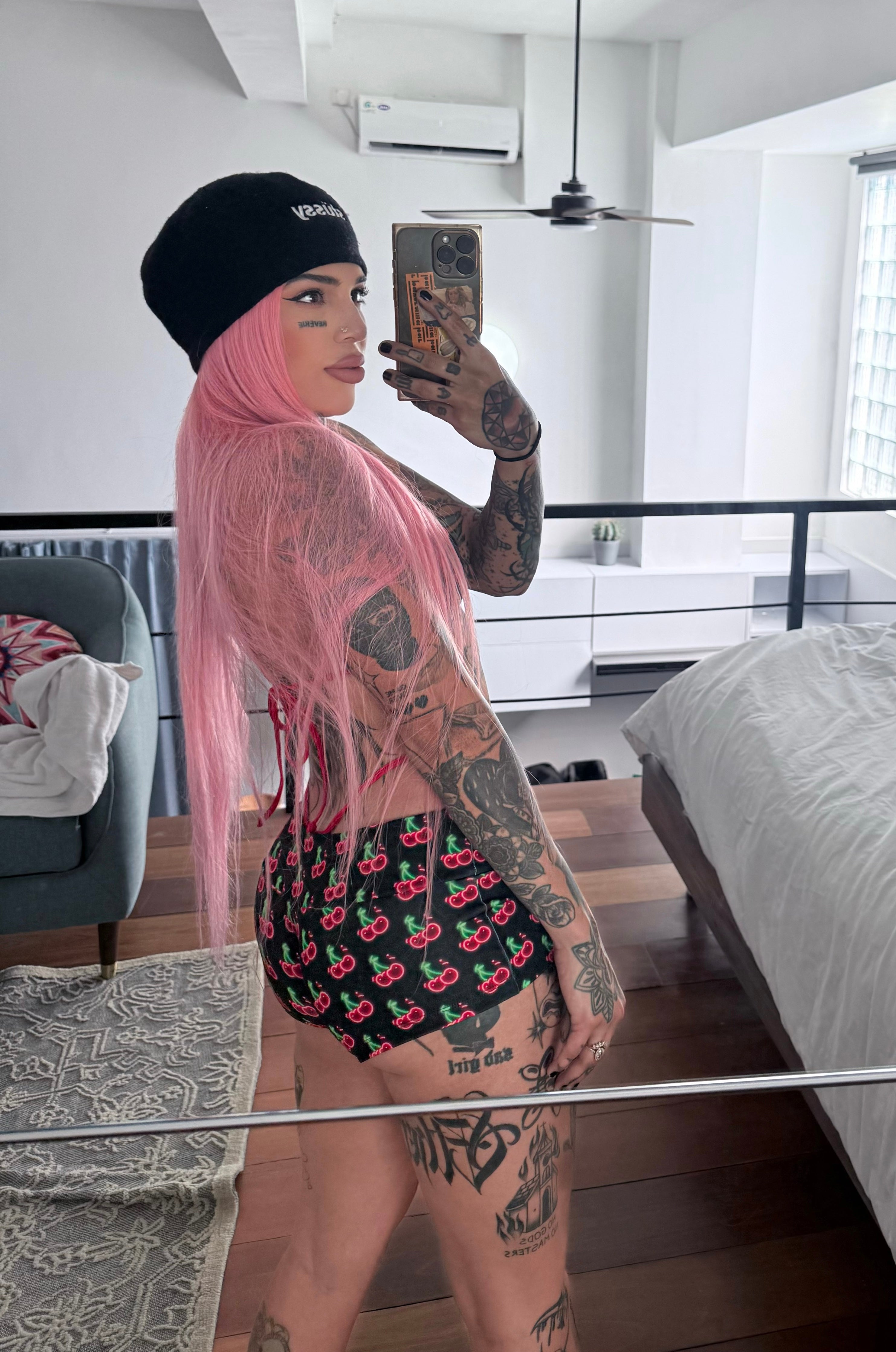 Neon cherry bikini shorts set