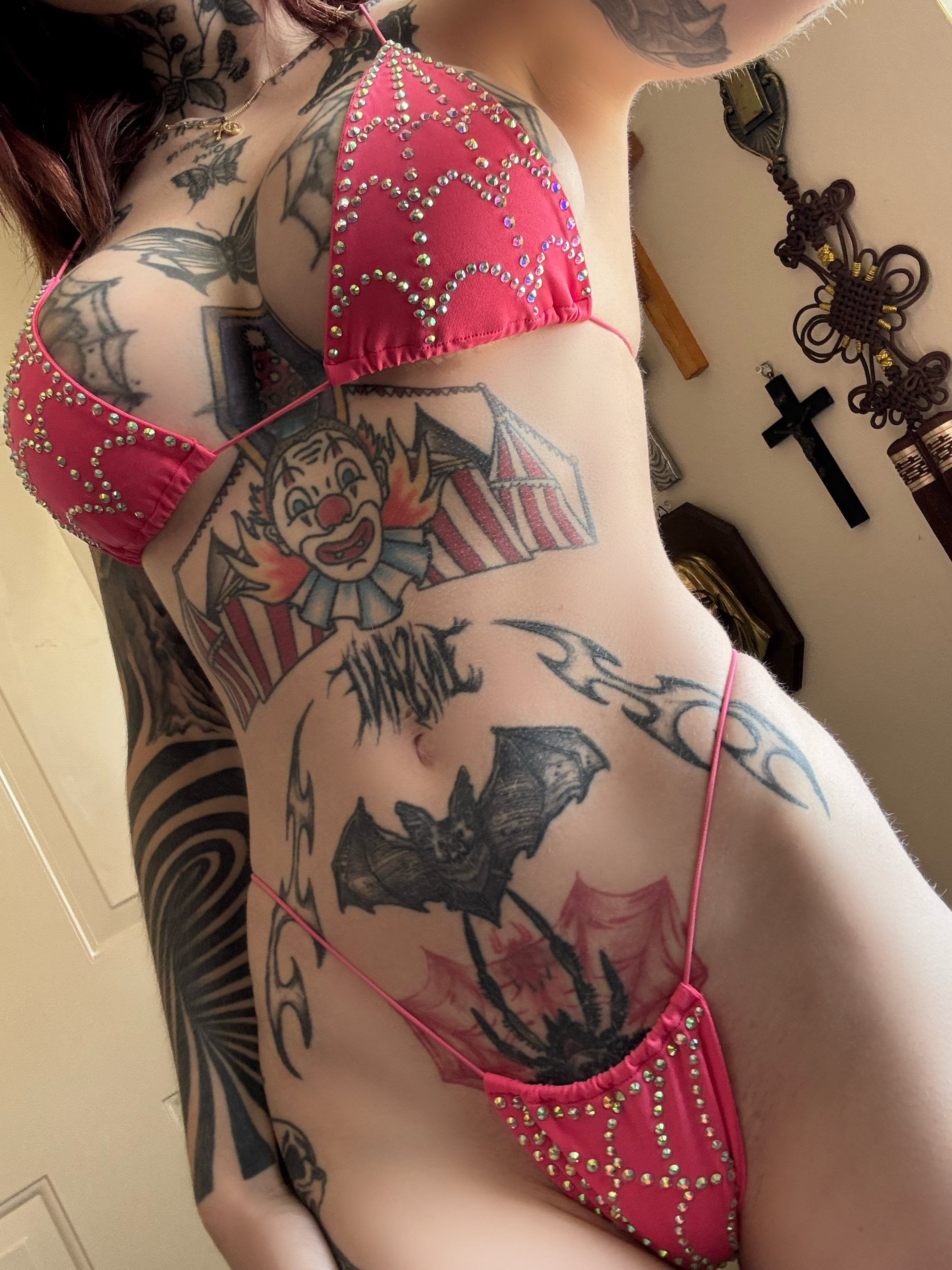 Rhinestone spiderwebs hot pink string semi microkini