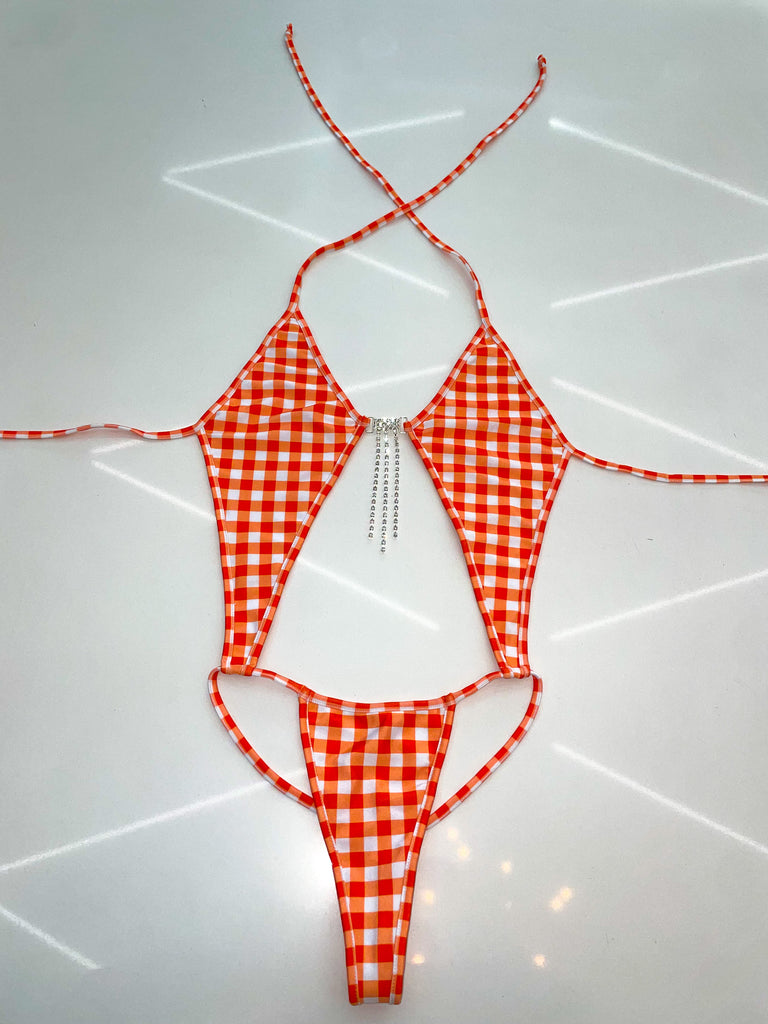 Orange gingham diamond sparkle one piece - Bikinis, Monokinis, skirt sets, and apparel inspired by strippers - Bubblegum The Brand