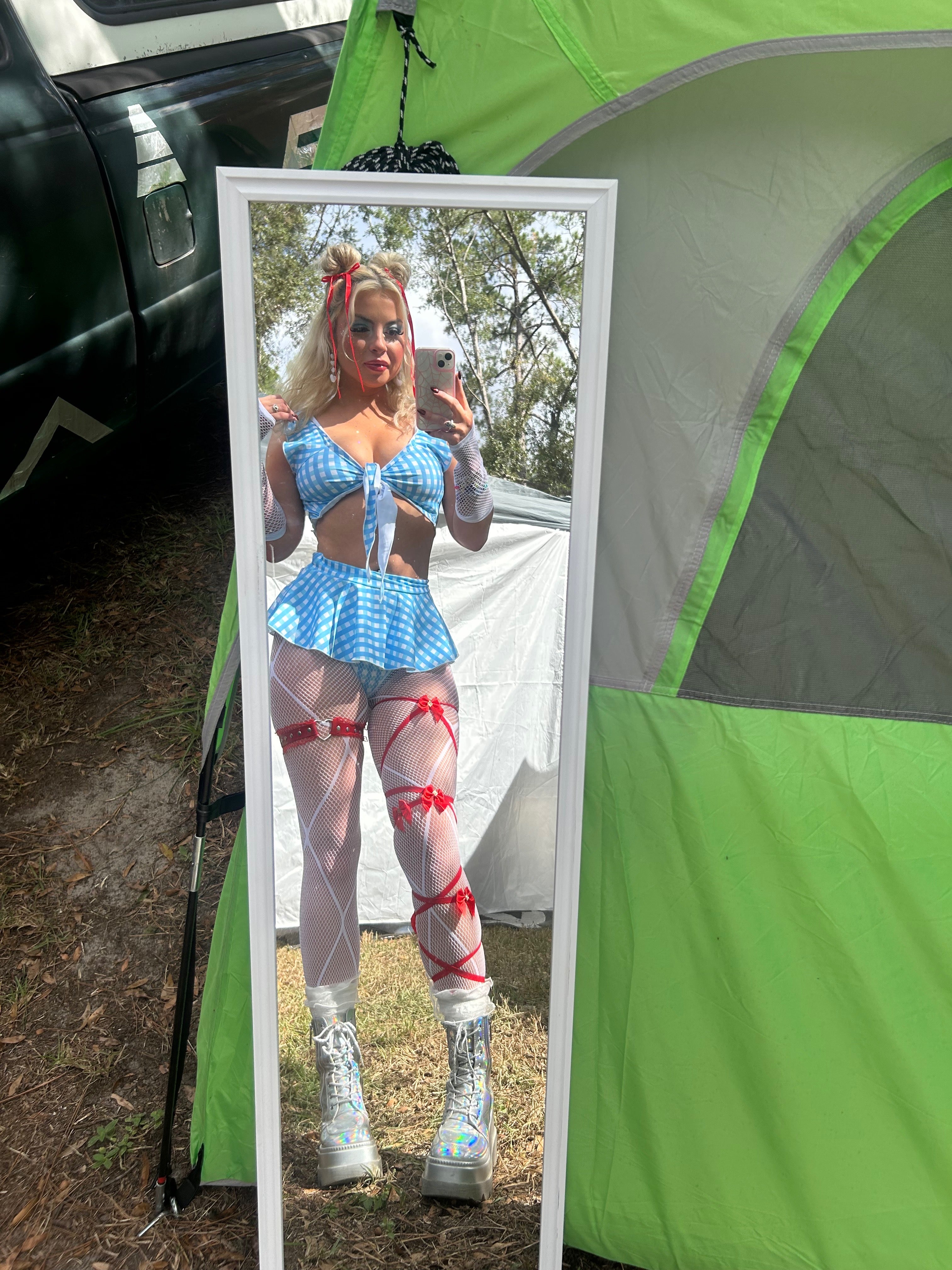 blue gingham ruffle skirt set