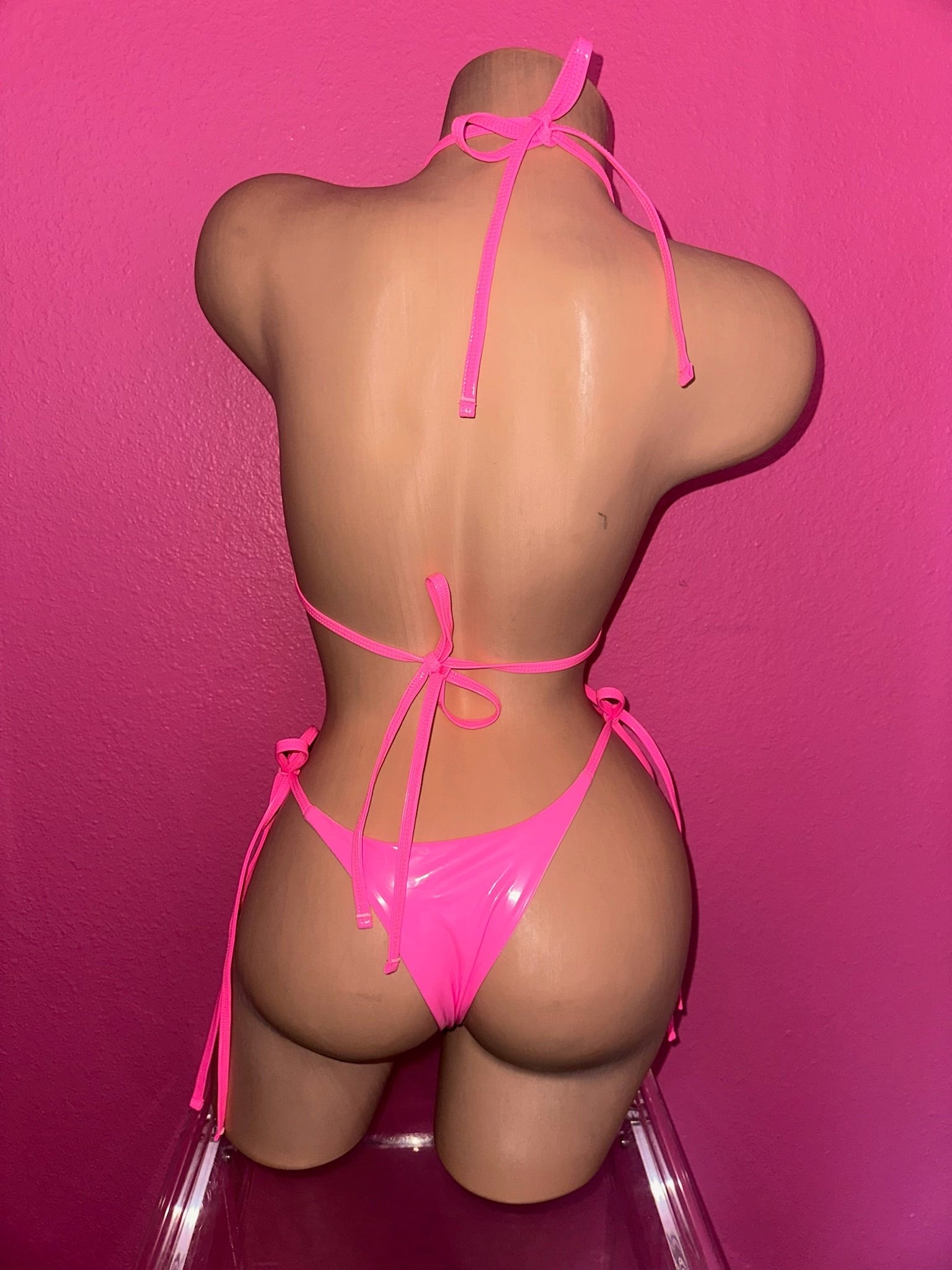 Pink chromehearted latex look bikini