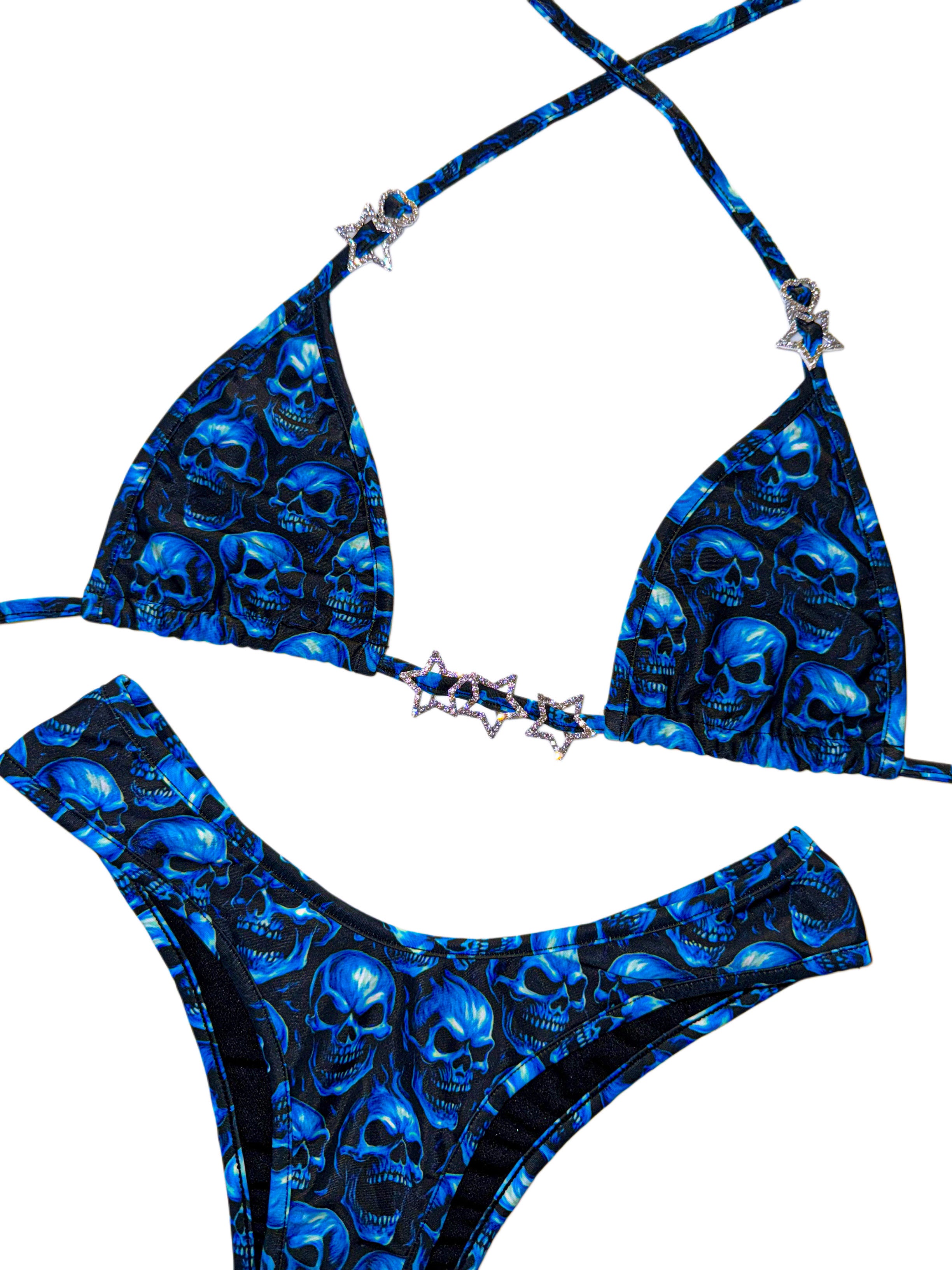 Blue skulls rhinestone charm bikini