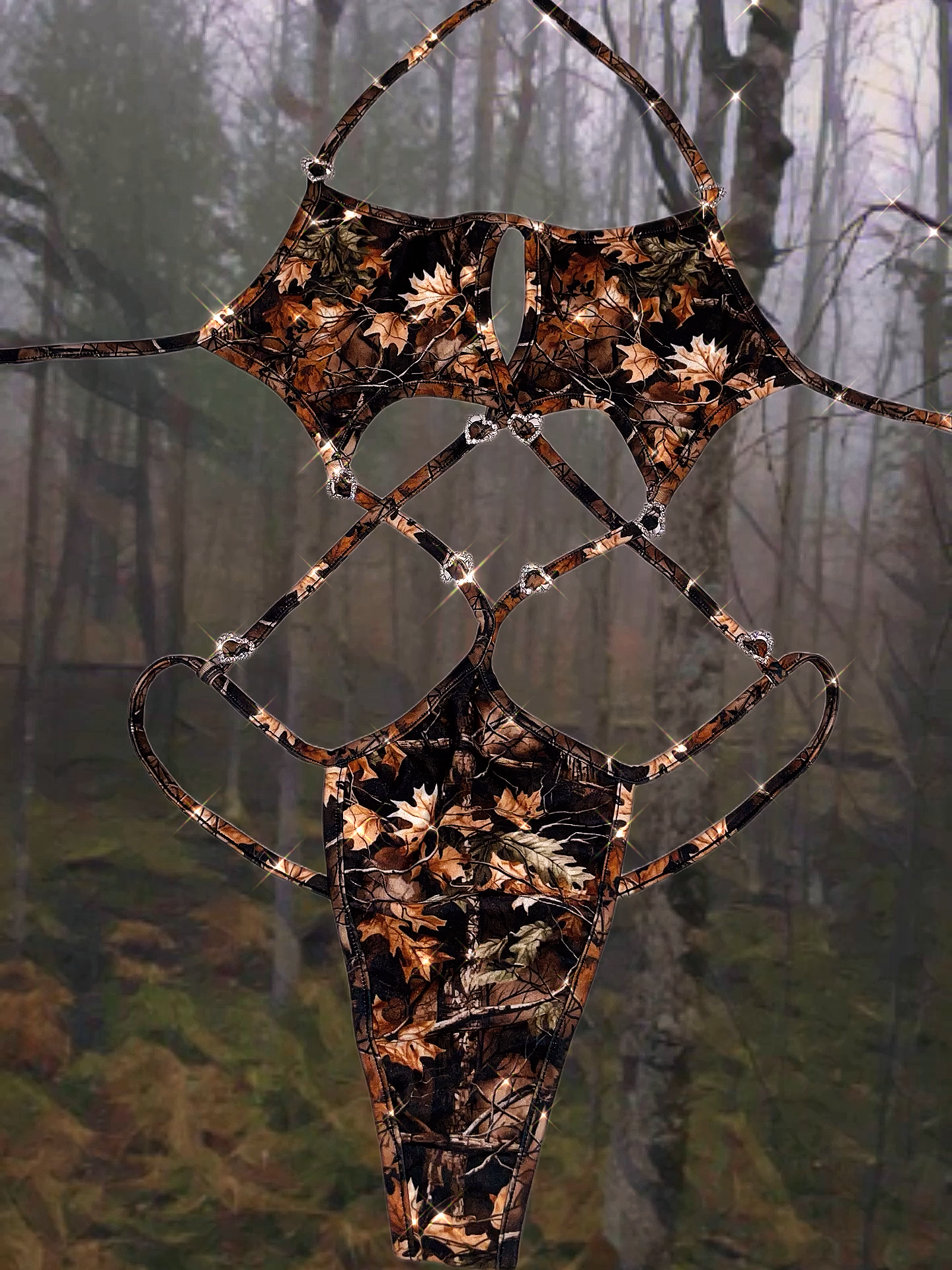 Tree Camo rhinestone hearts star one piece