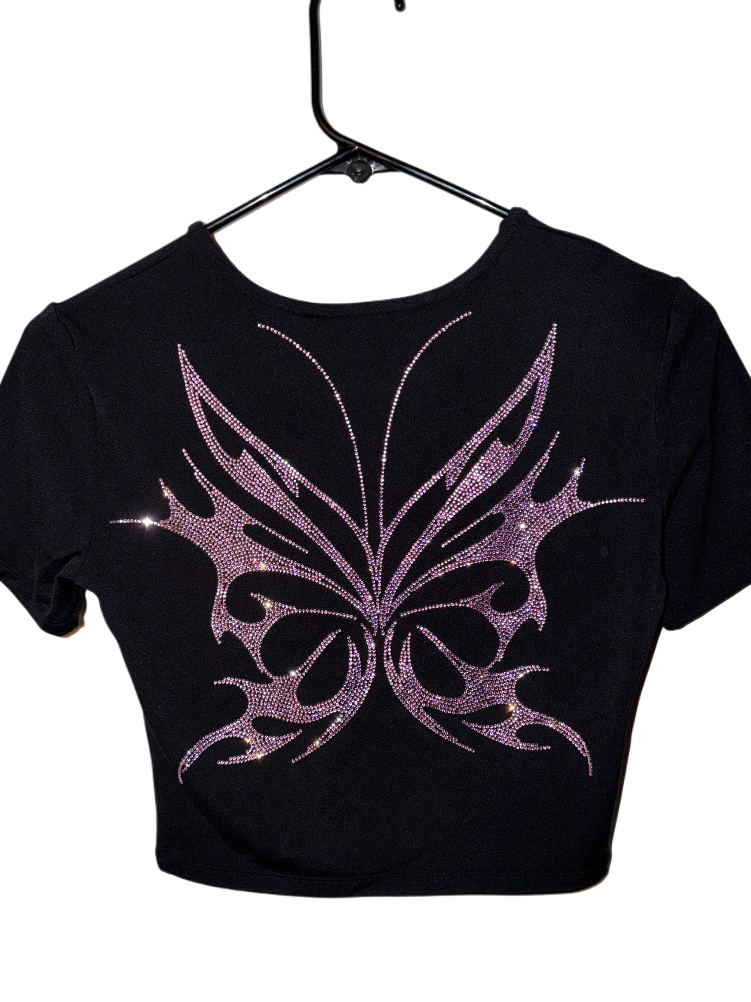 Pink fairy wings rhinestone crop top