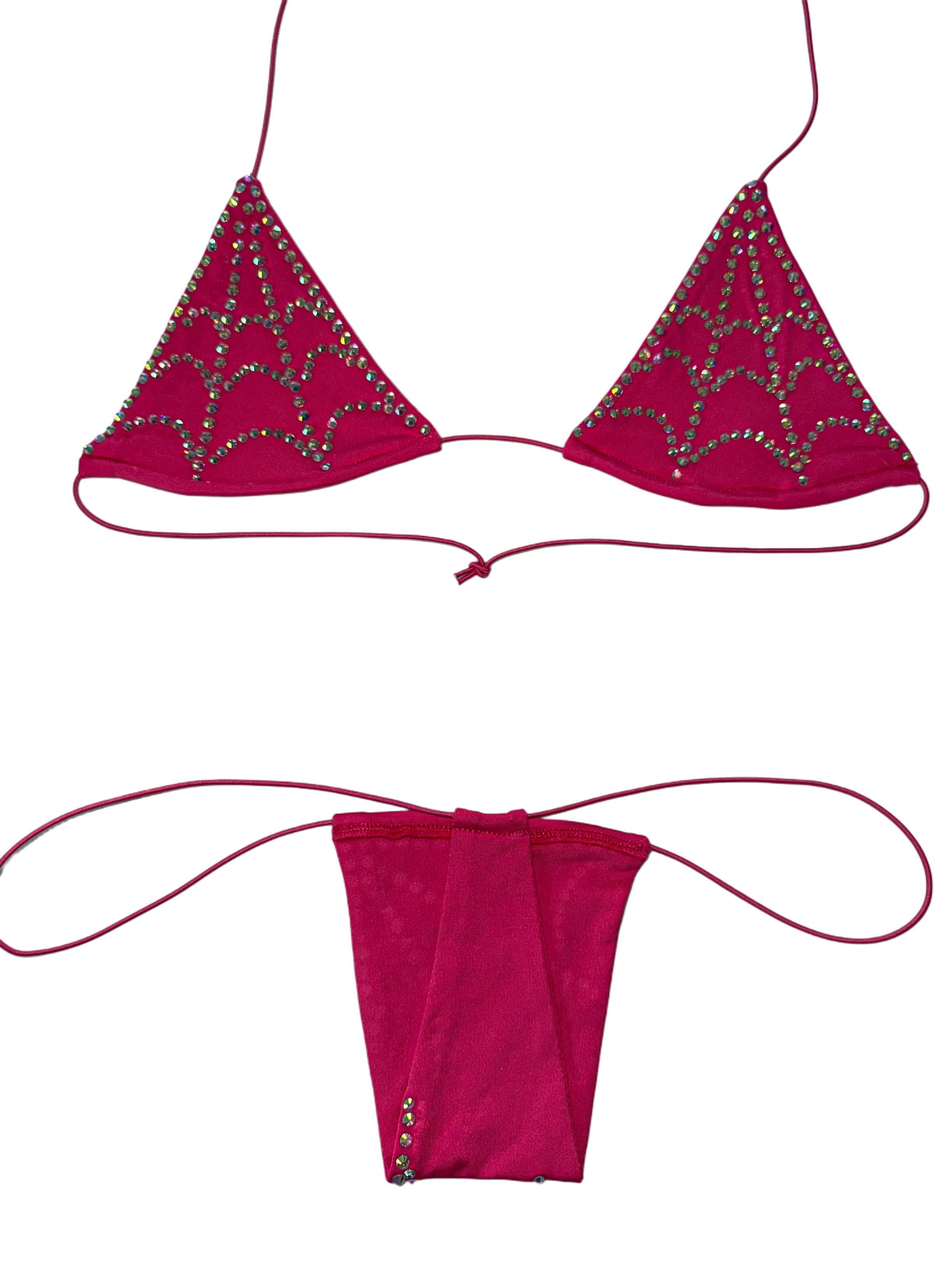 Rhinestone spiderwebs hot pink string semi microkini