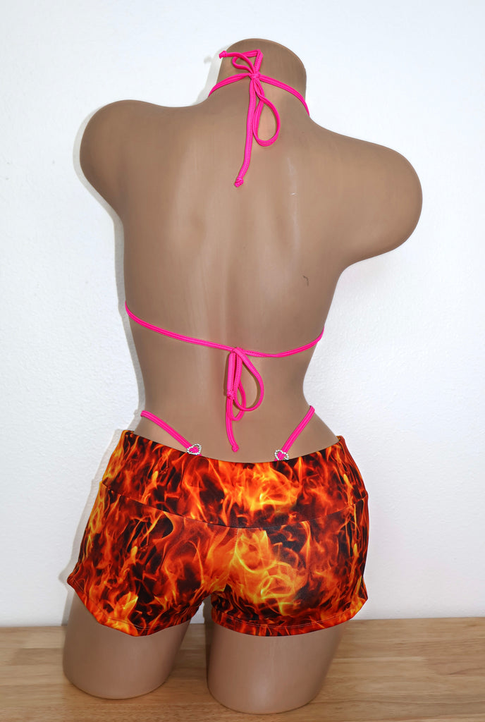 Flames low rise shorts bikini set rhinestone hearts