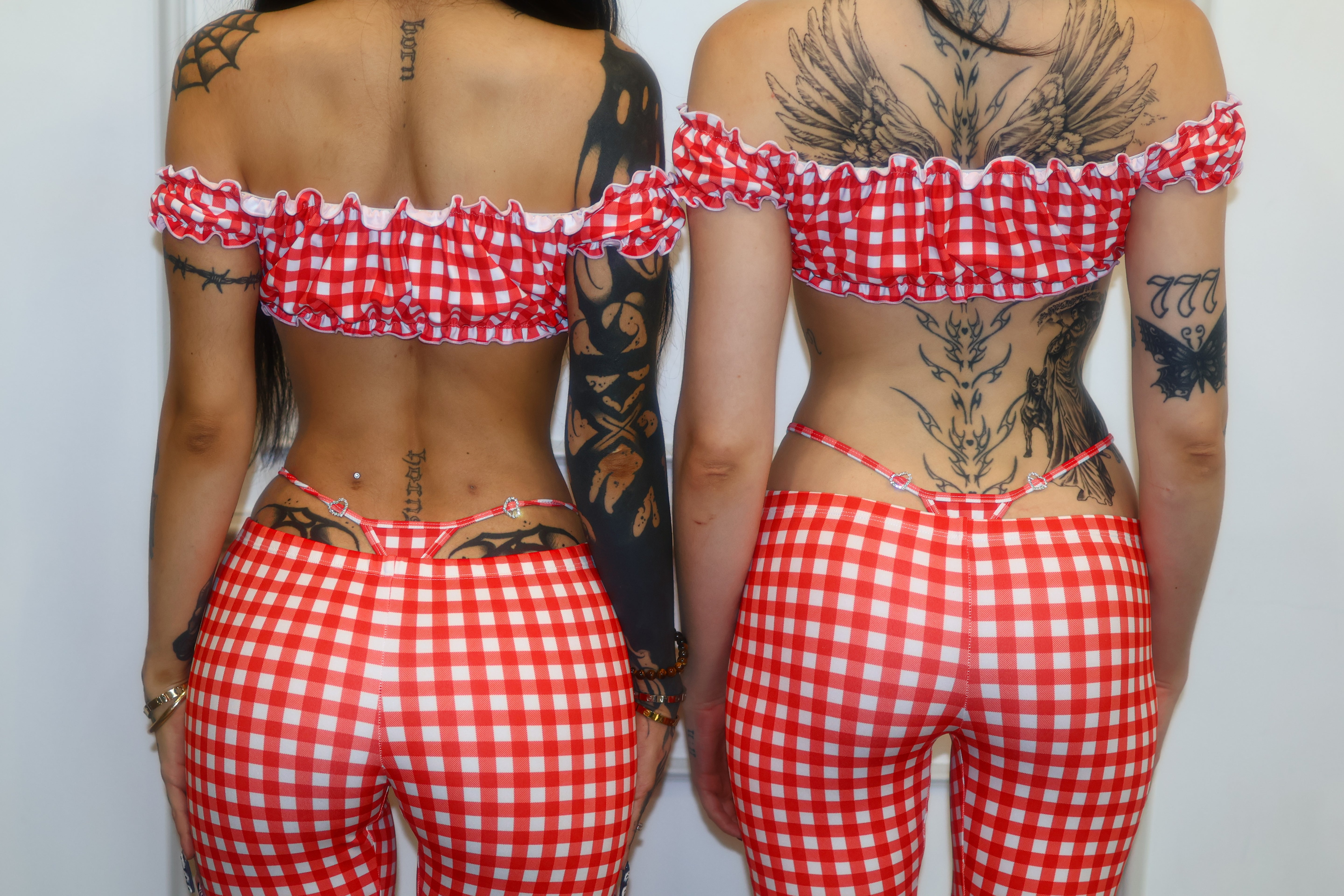 Red gingham low rise leggings ruffle top set