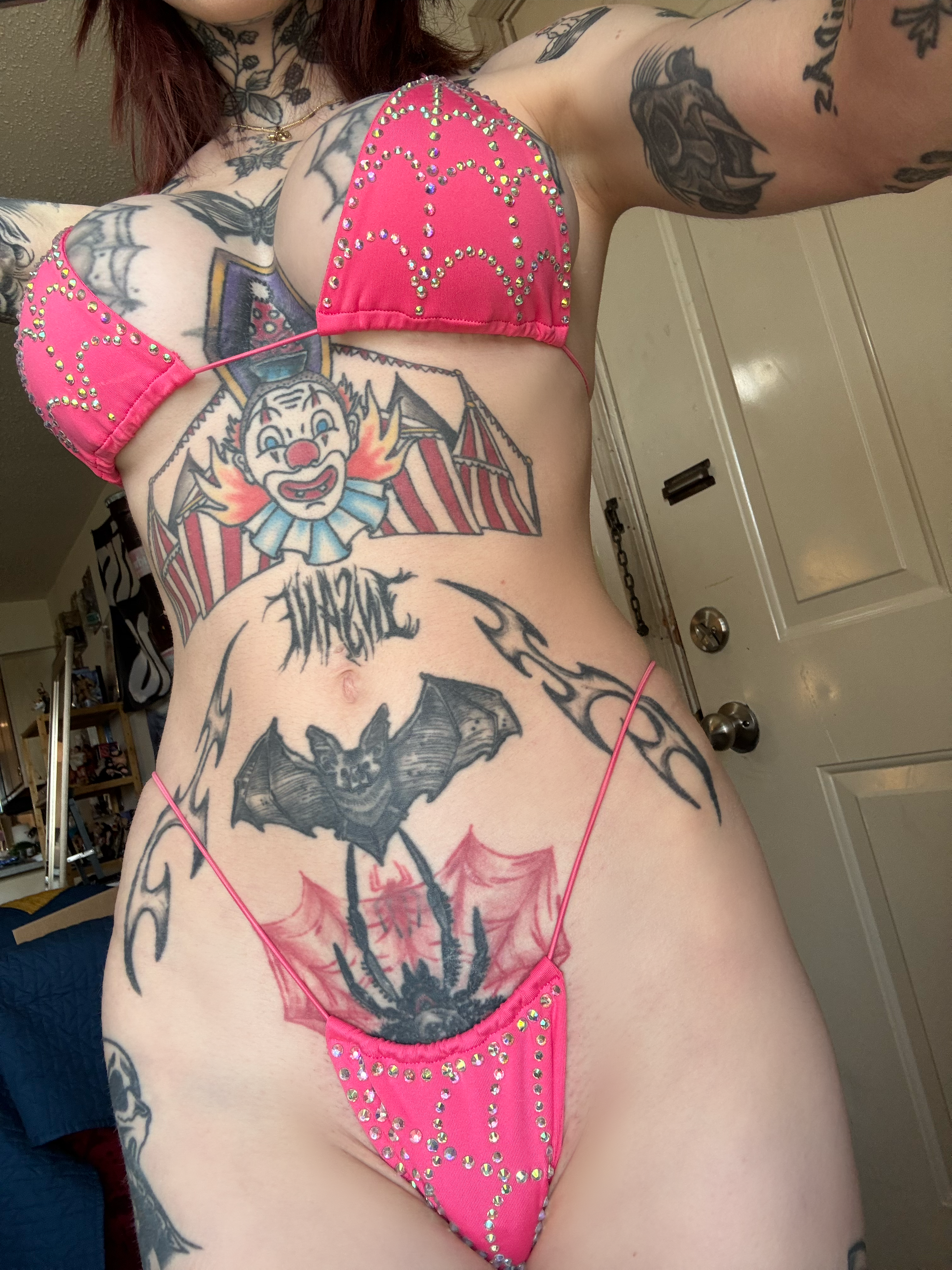 Rhinestone spiderwebs hot pink string semi microkini