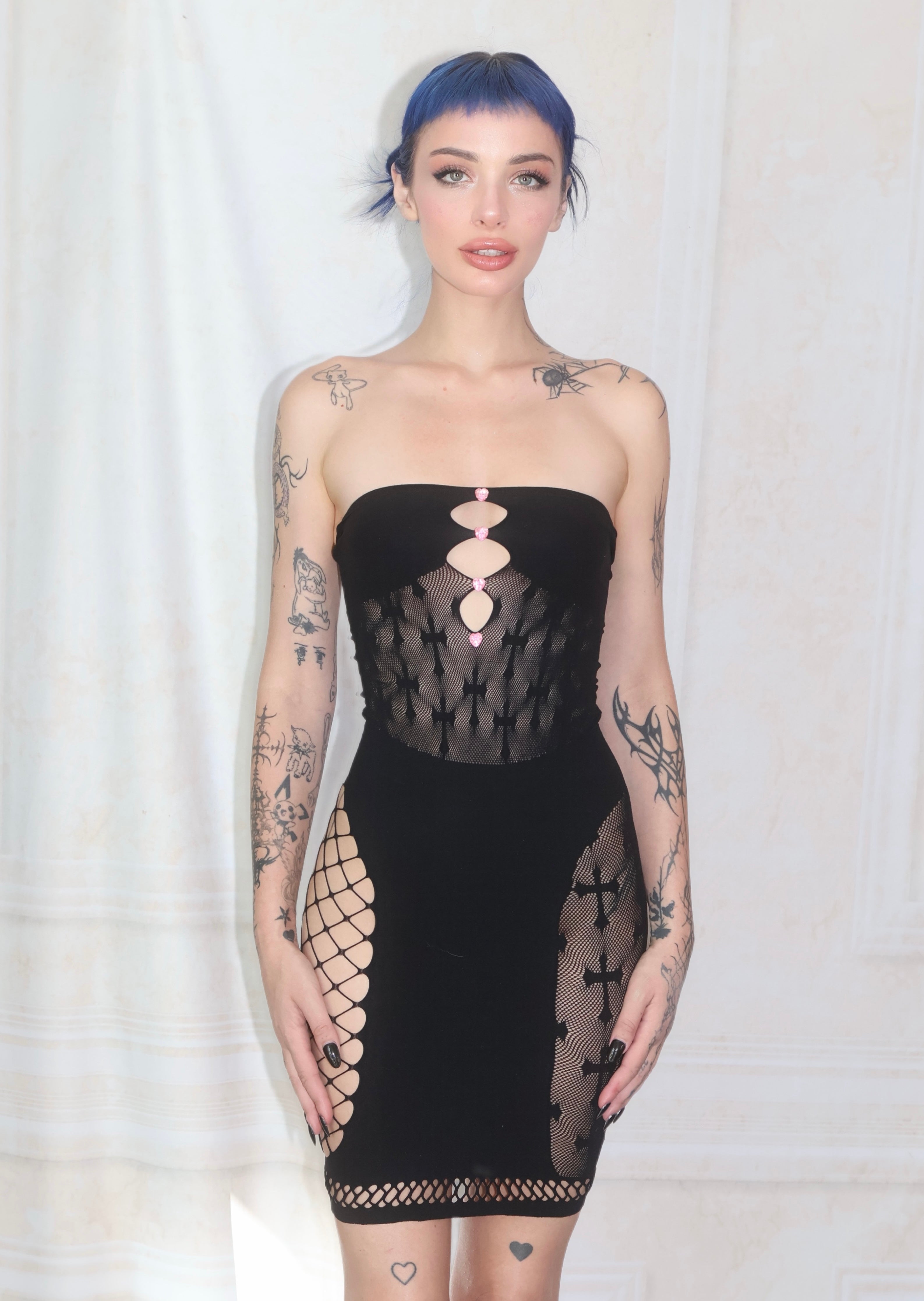 Heaven can wait cross fishnet mini dress