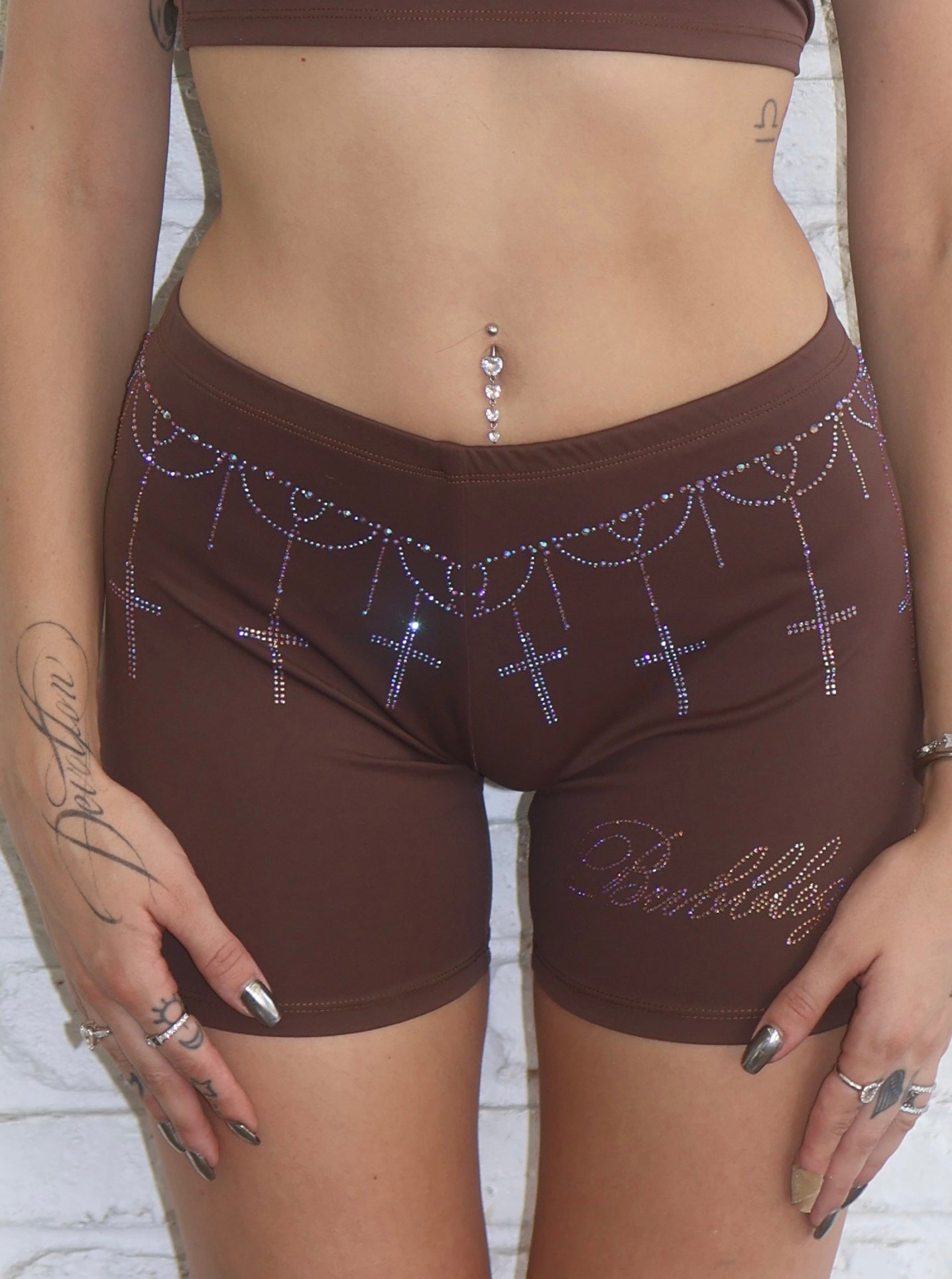 Sacred heart rhinestone cross biker shorts streetwear