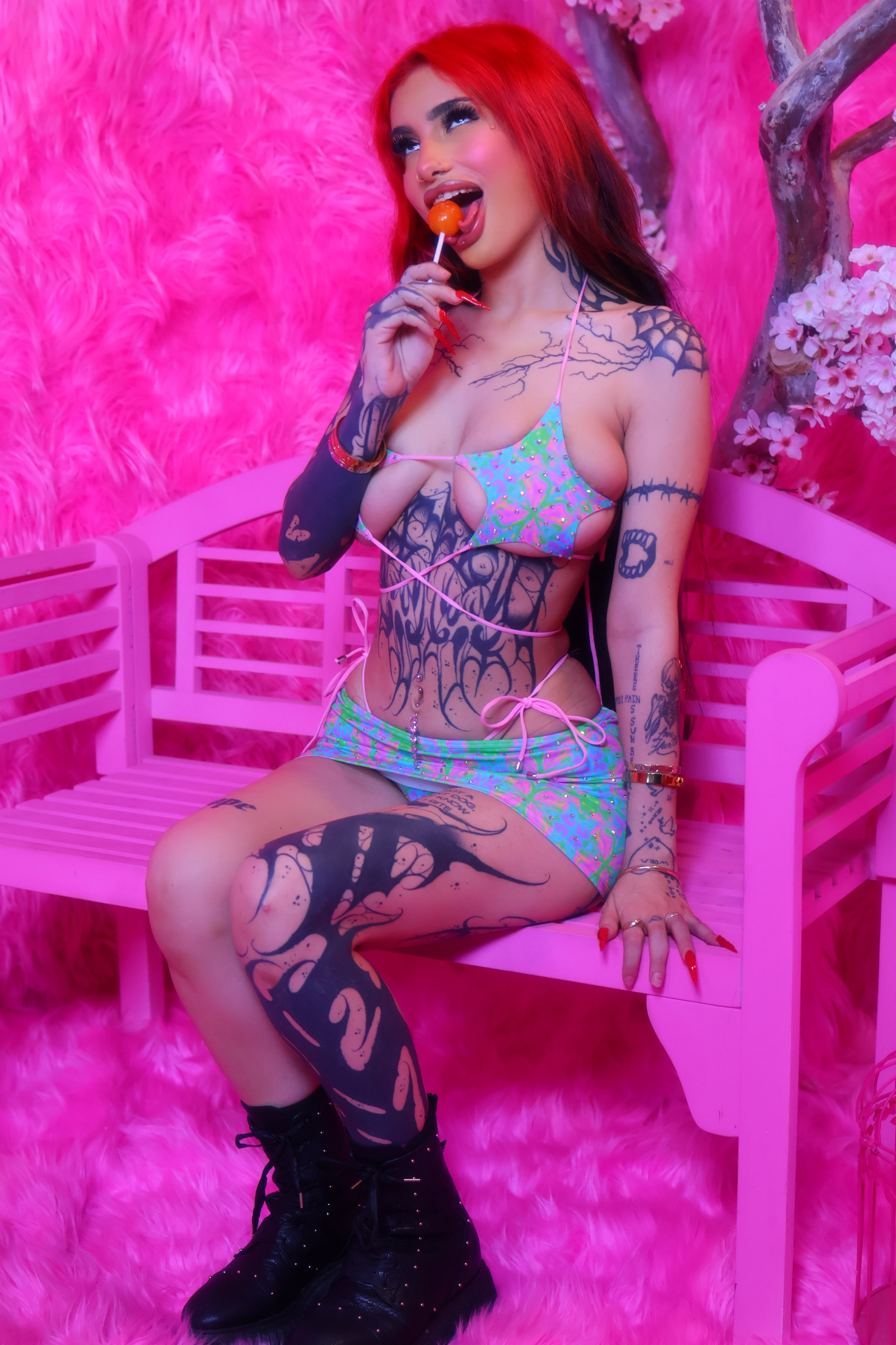 Are you peaking? Rhinestone miniskirt star bikini set