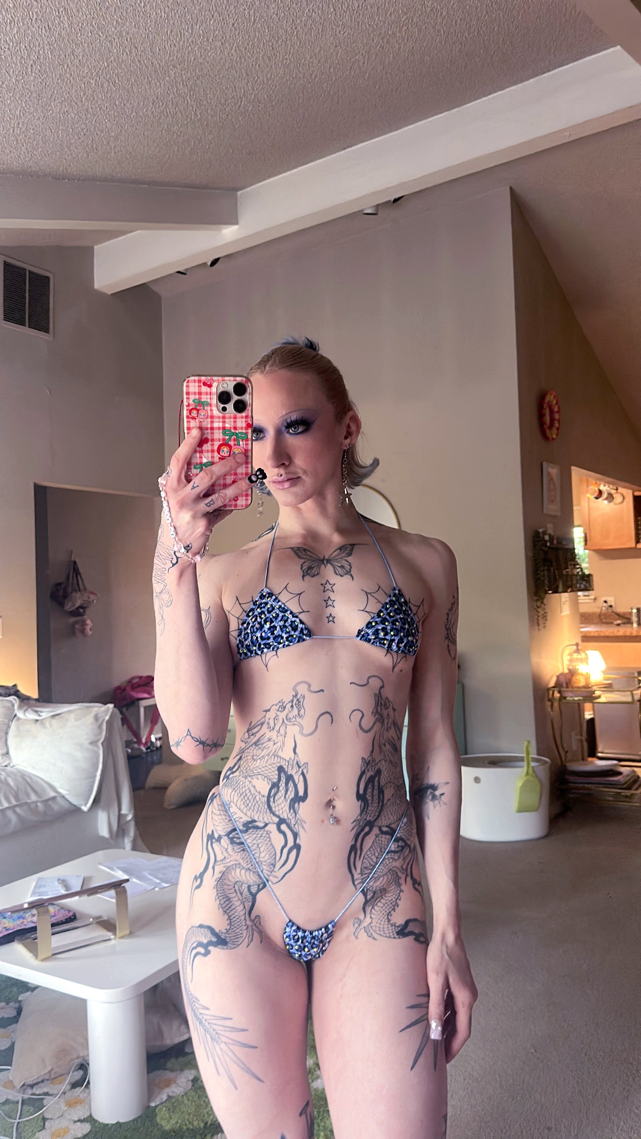 Blue leopard rhinestone string microkini