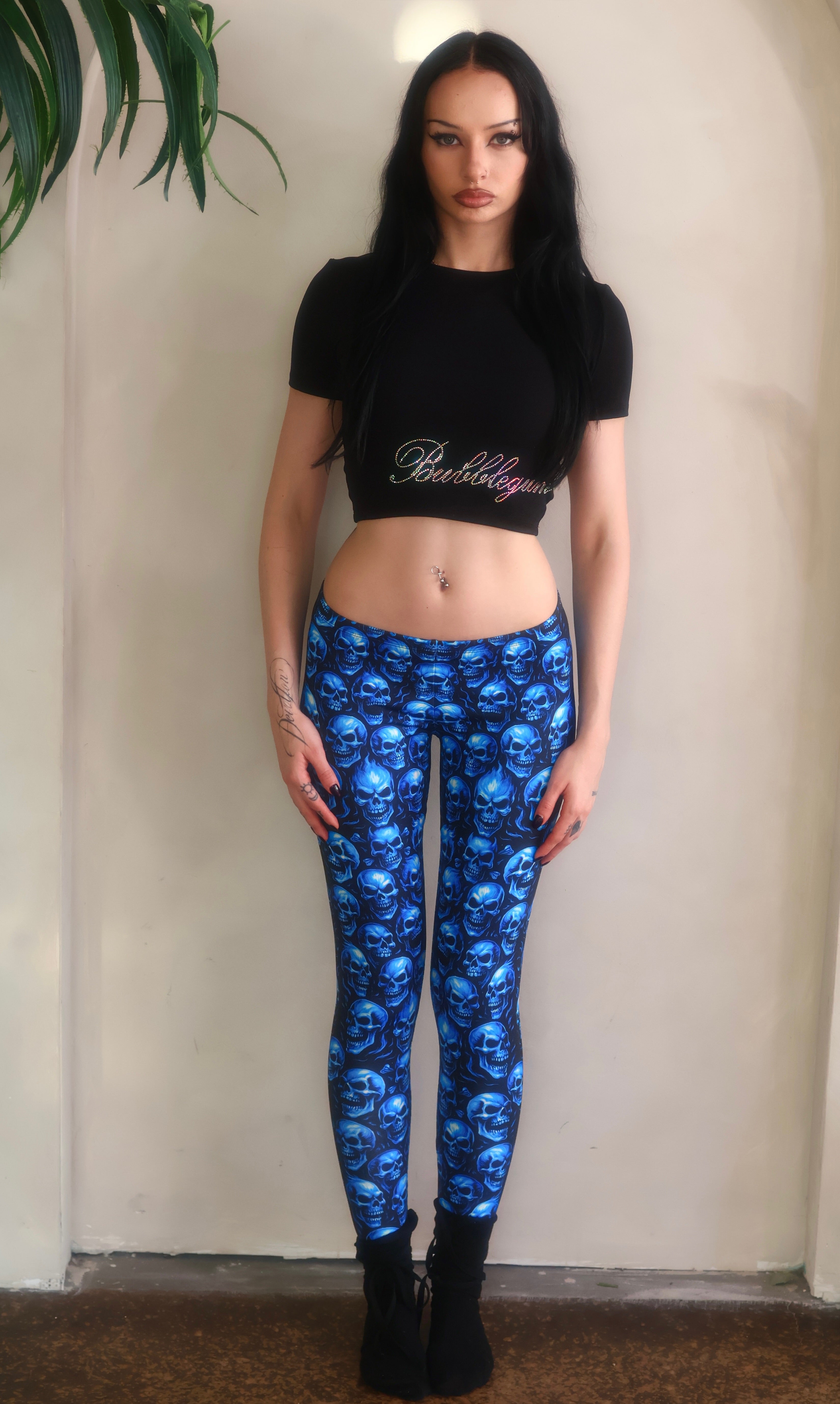 Blue skulls low rise yoga leggings