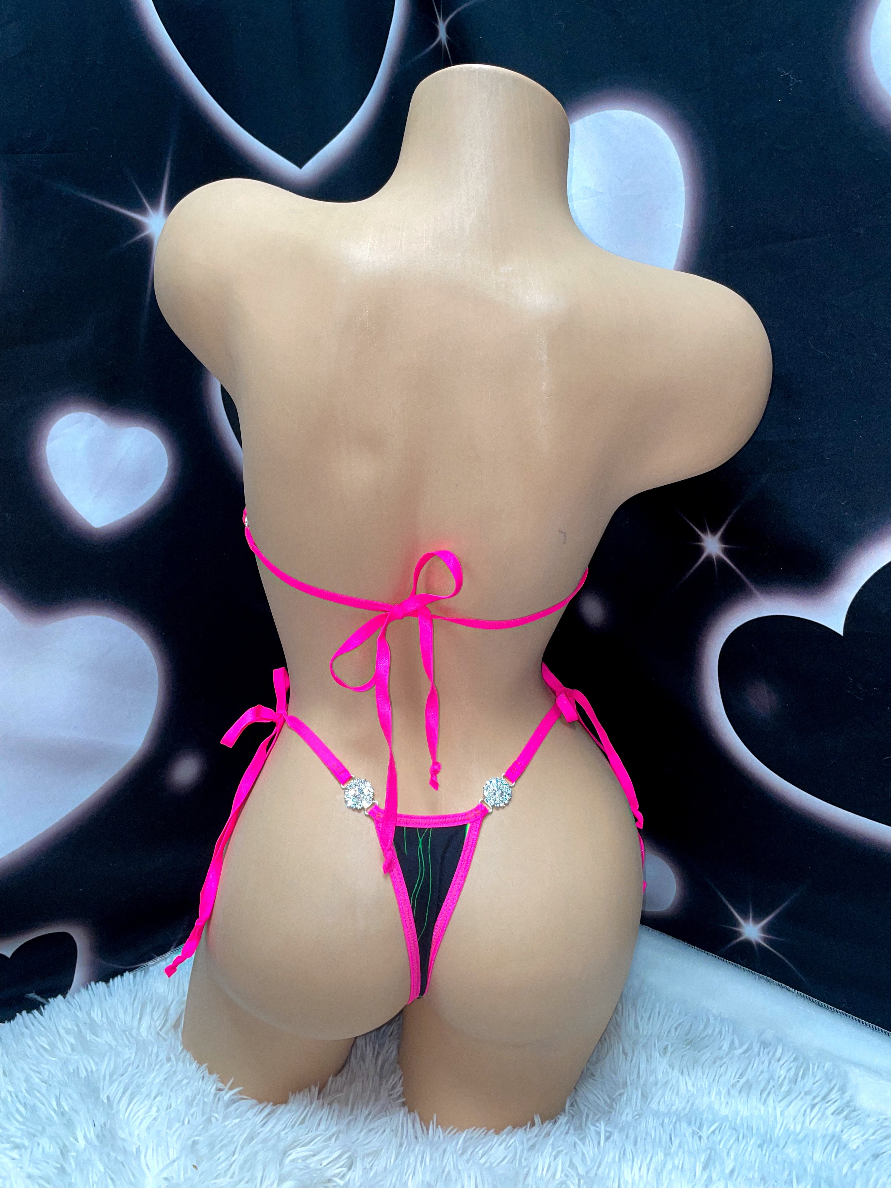 Green lightning with pink trim sparkle bikini