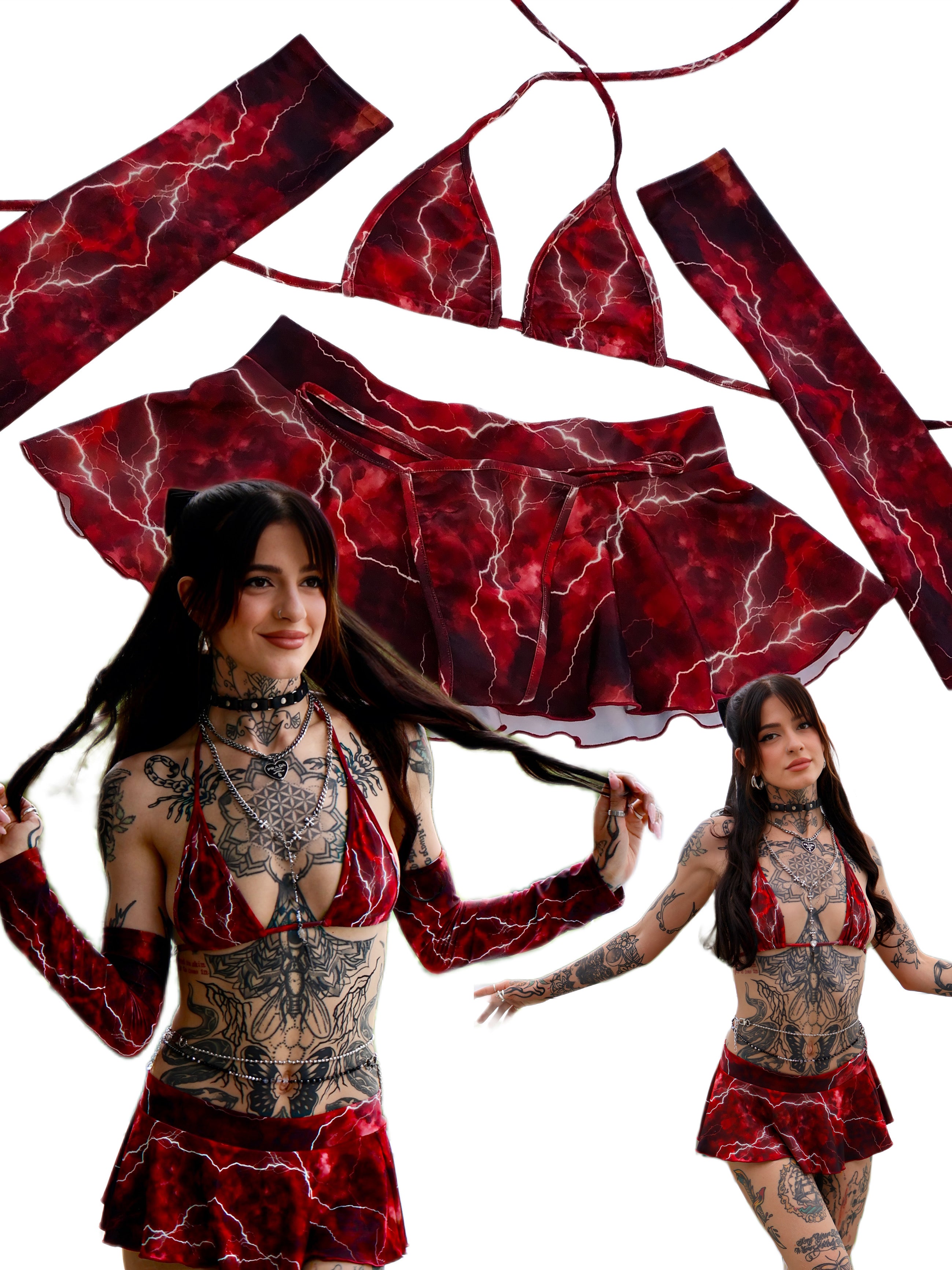 Red dusk skirt sleeves bikini set