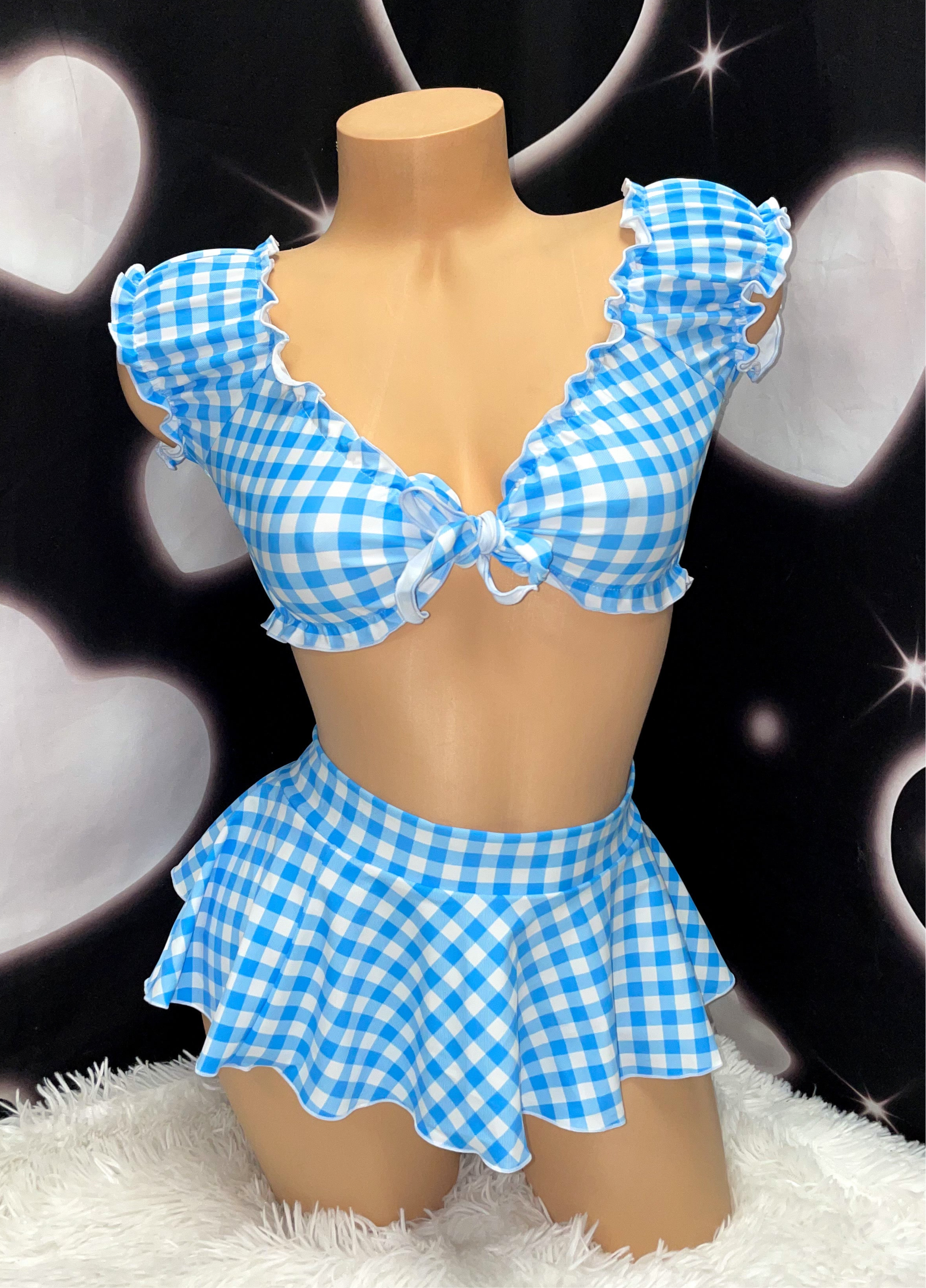 blue gingham ruffle skirt set