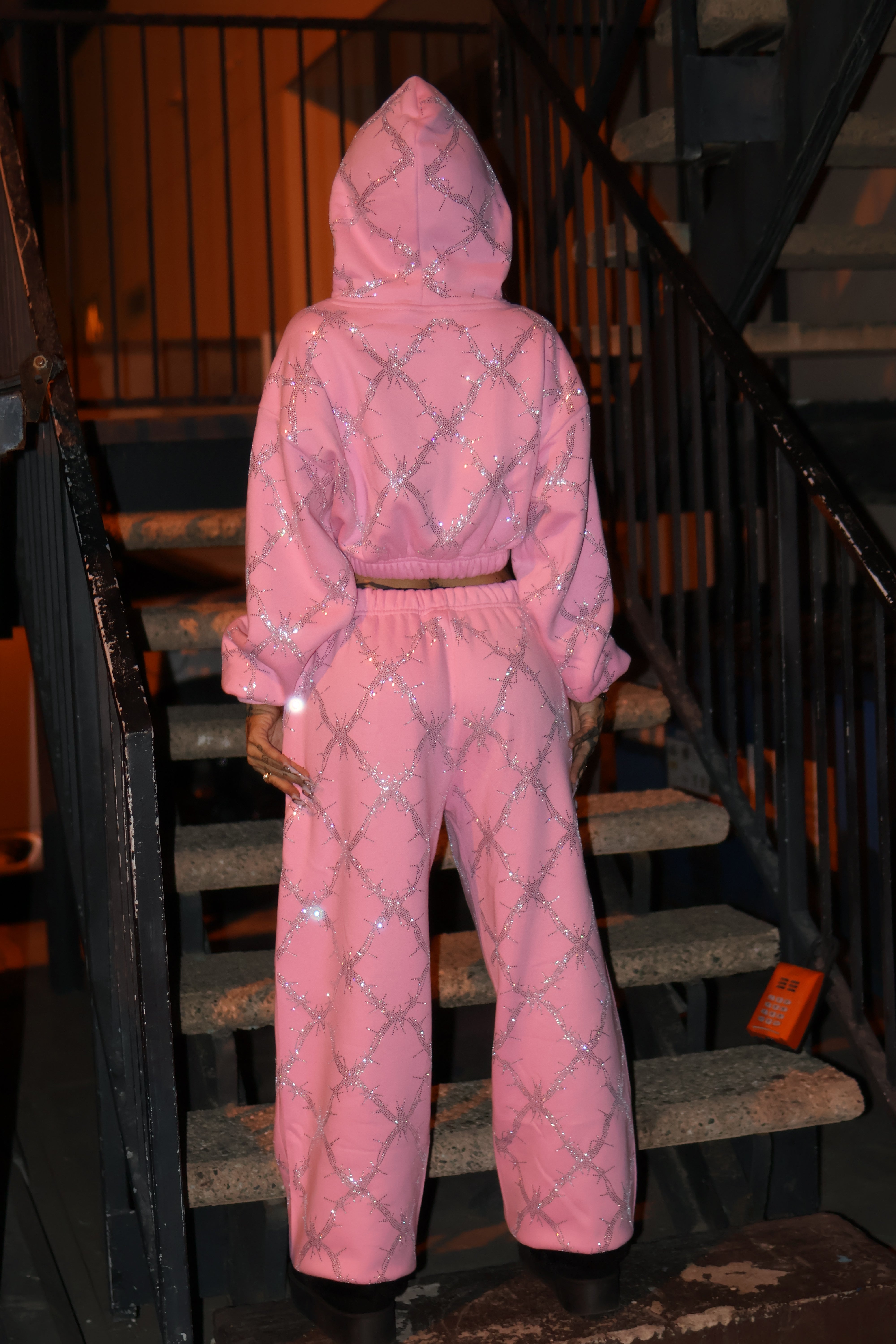 Baby pink barbed wire fence rhinestone crop hoodie