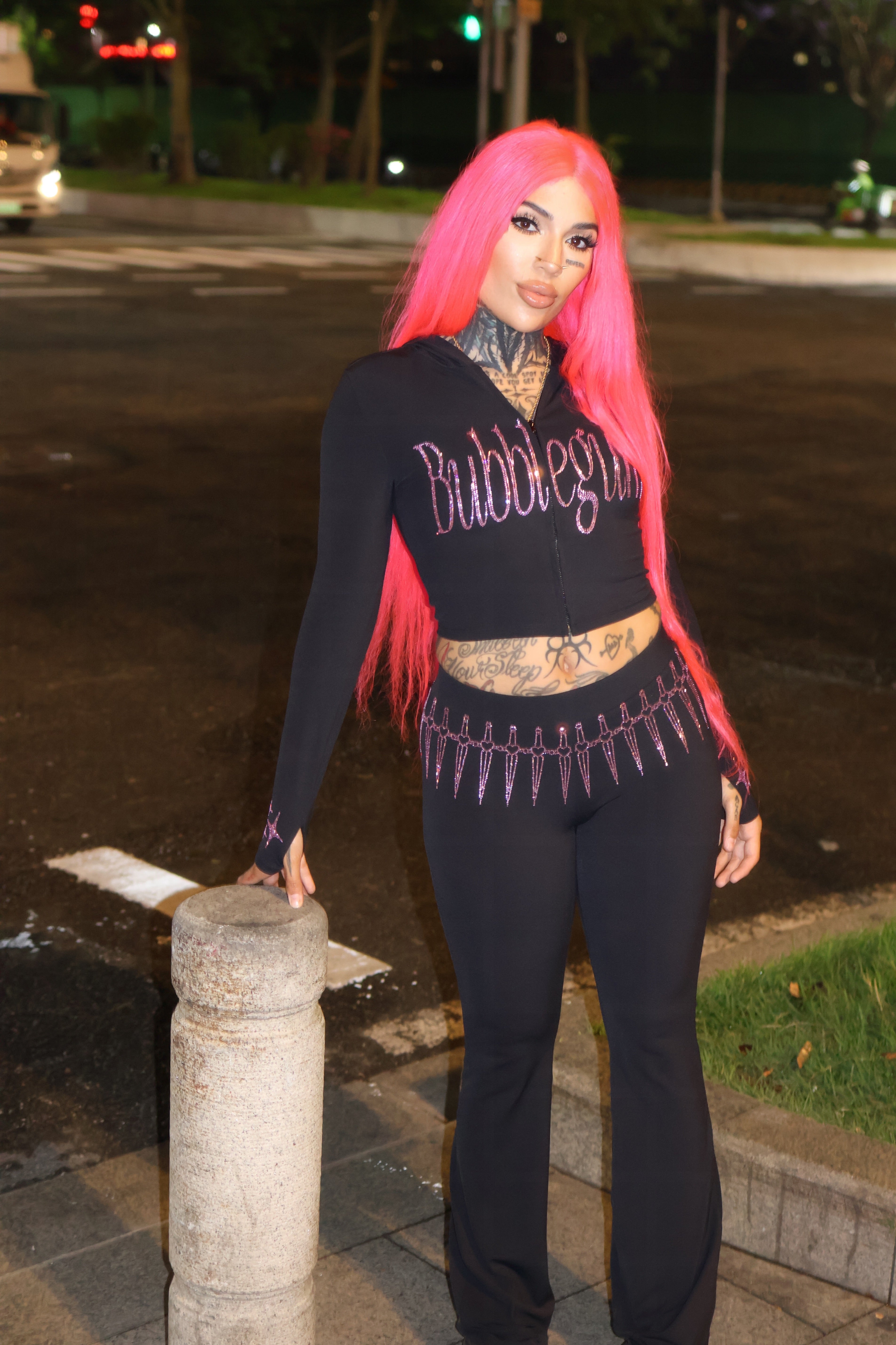Celestial Threat rhinestone tracksuit pants crop hoodie