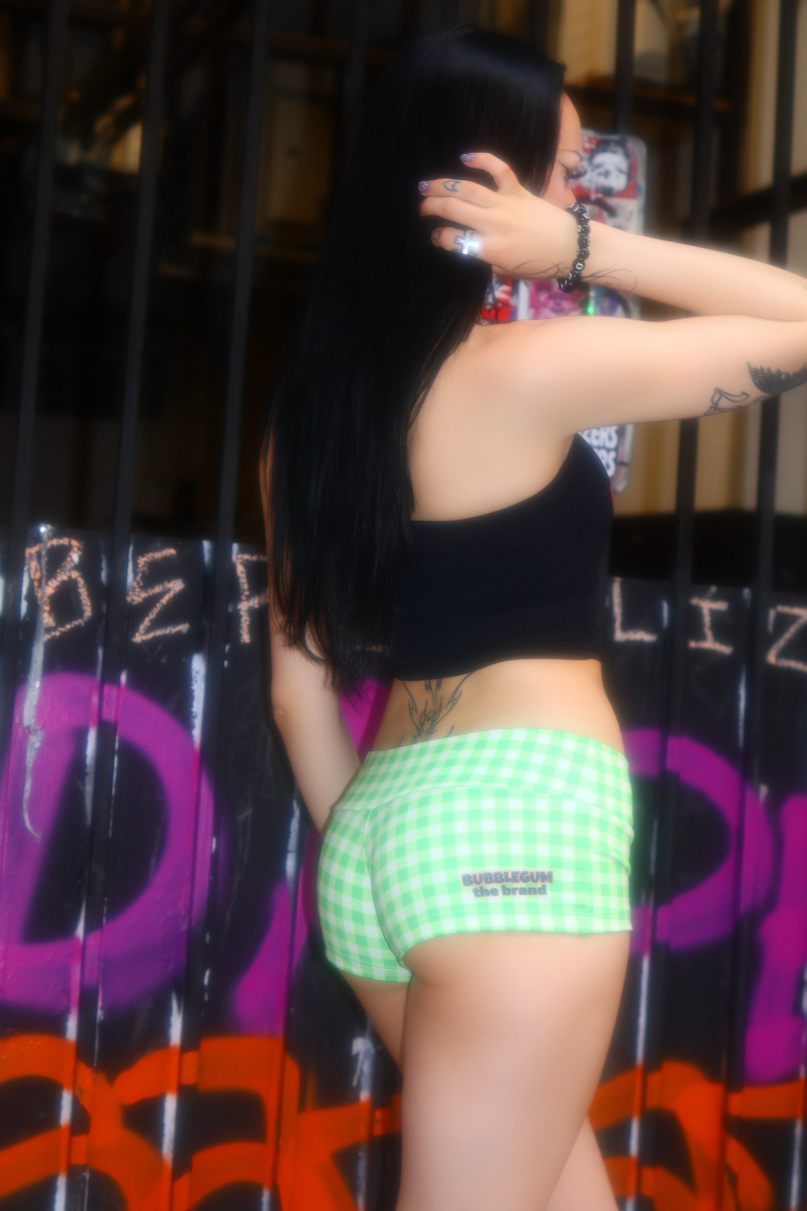 Green gingham micro shorts hotpants streetwear