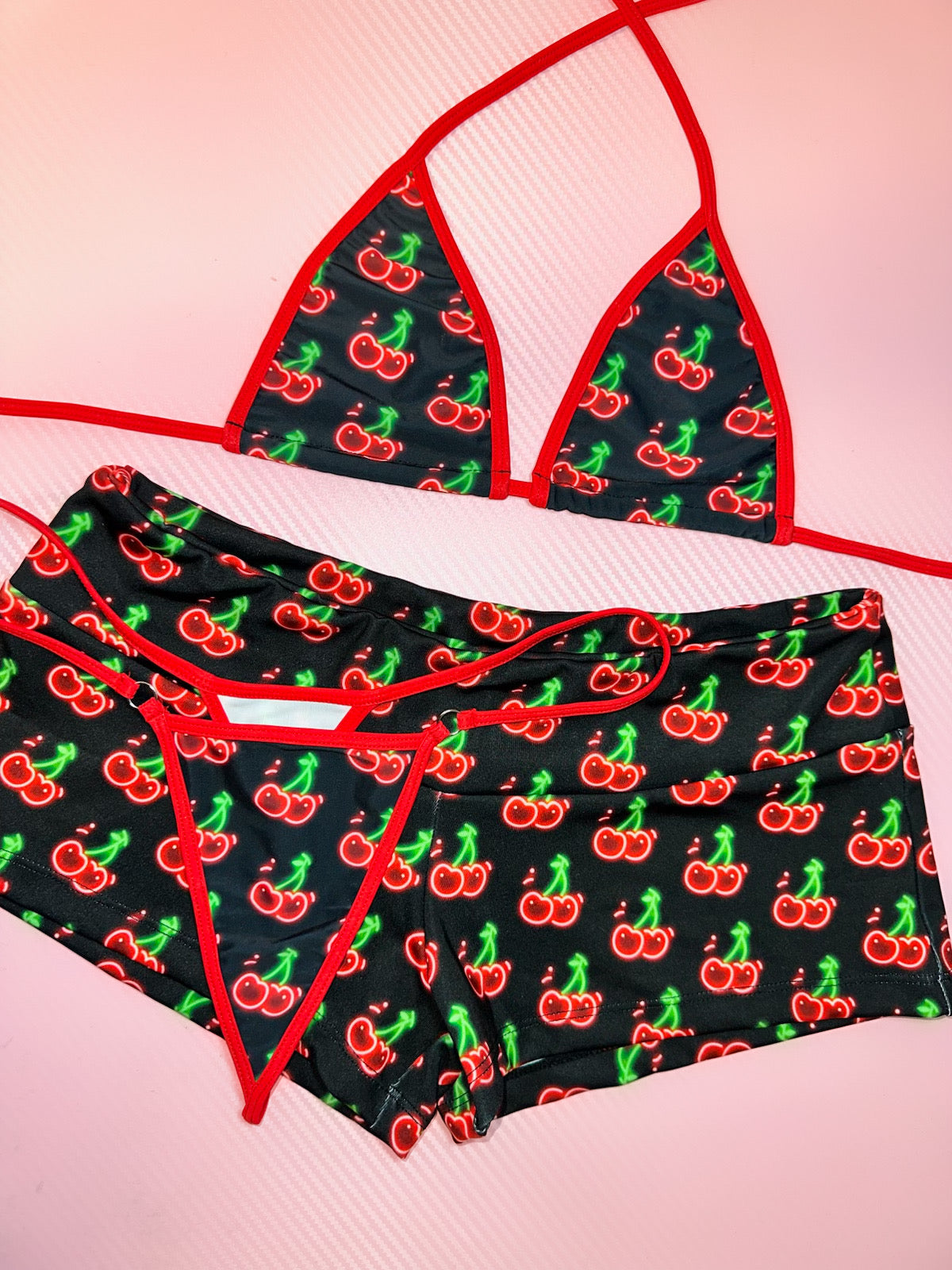 Neon cherry bikini shorts set