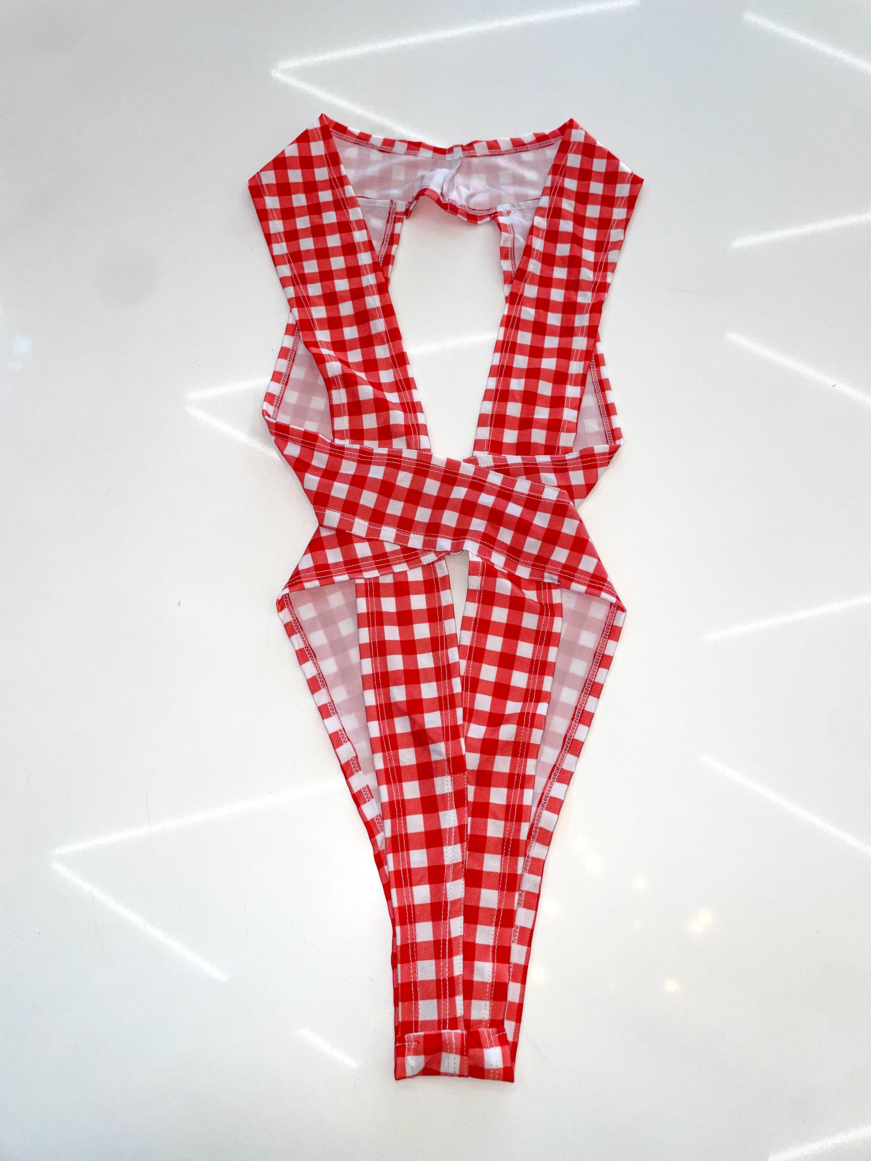 Red gingham wrap one piece - Bikinis, Monokinis, skirt sets, and apparel inspired by strippers - Bubblegum The Brand