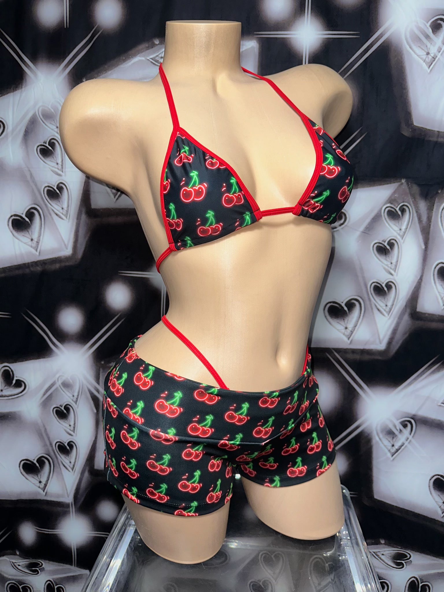 Neon cherry bikini shorts set