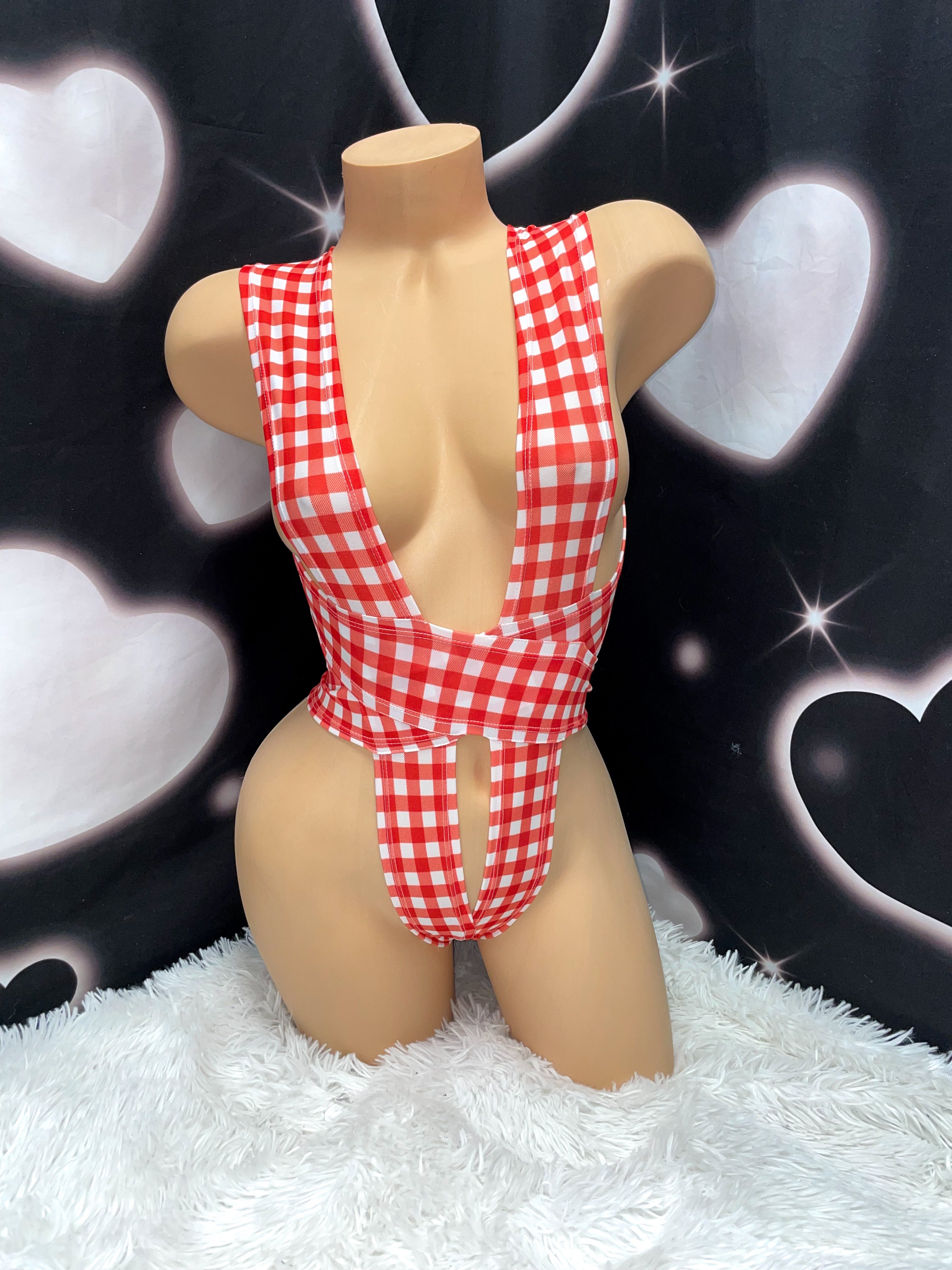 Red gingham wrap one piece - Bikinis, Monokinis, skirt sets, and apparel inspired by strippers - Bubblegum The Brand